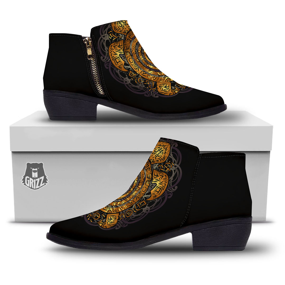 Sea Turtle Golden Tribal Print Ankle Boots-grizzshop