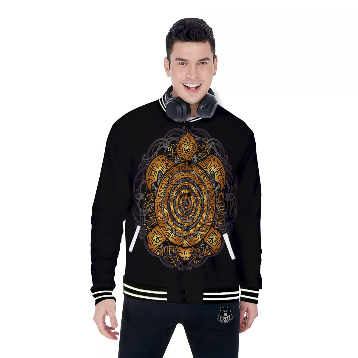 Sea Turtle Golden Tribal Print Baseball Jacket-grizzshop