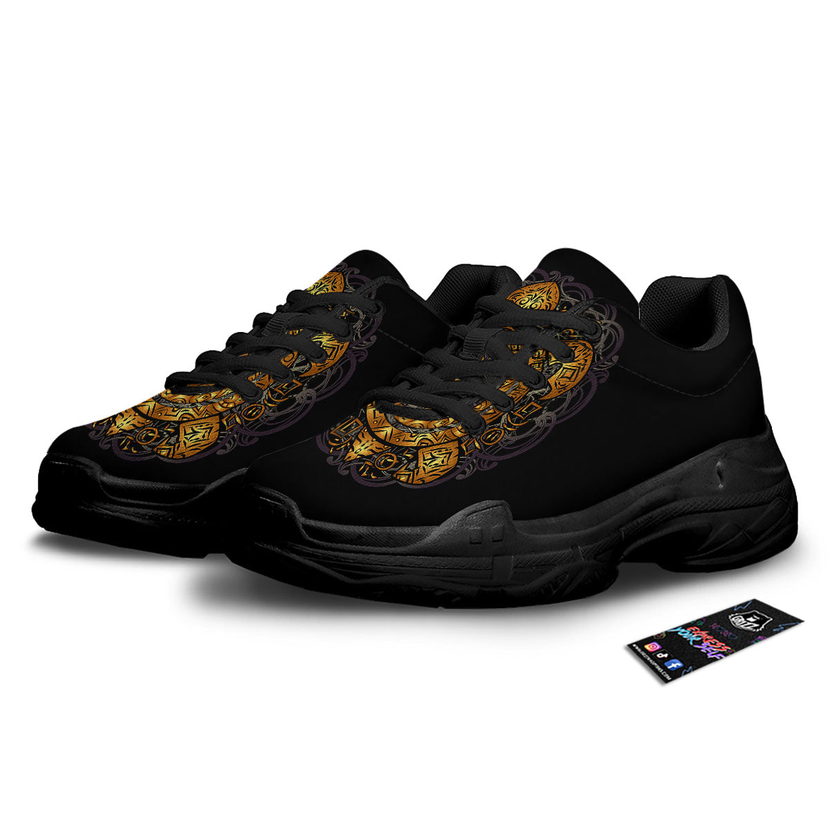 Sea Turtle Golden Tribal Print Black Chunky Shoes-grizzshop
