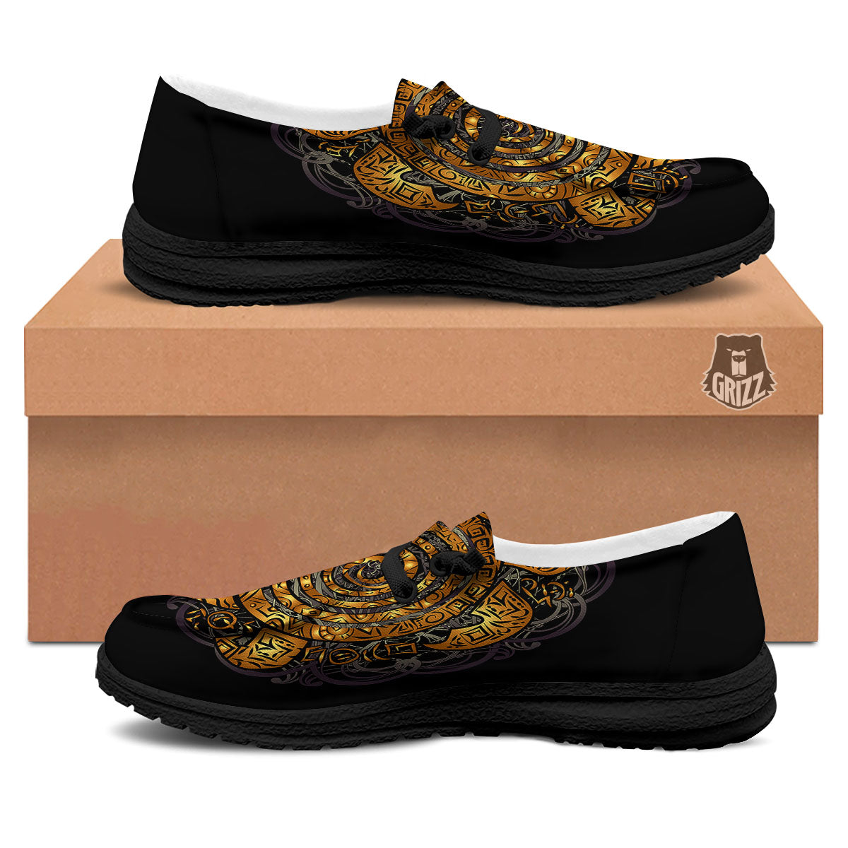 Sea Turtle Golden Tribal Print Black Loafers-grizzshop