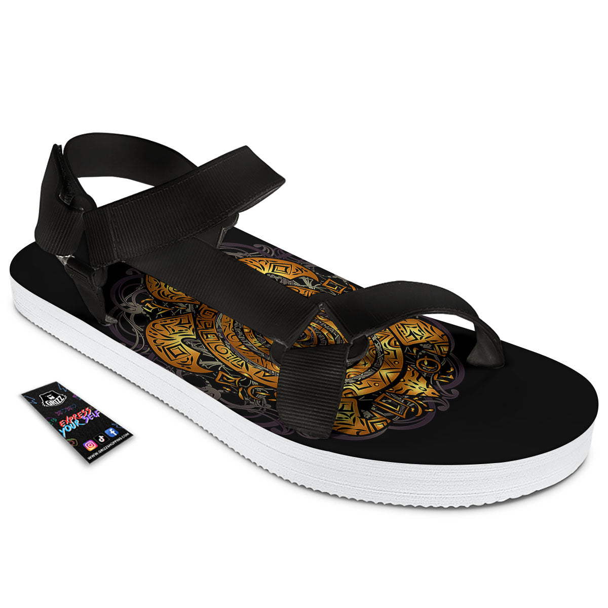 Sea Turtle Golden Tribal Print Black Open Toe Sandals-grizzshop