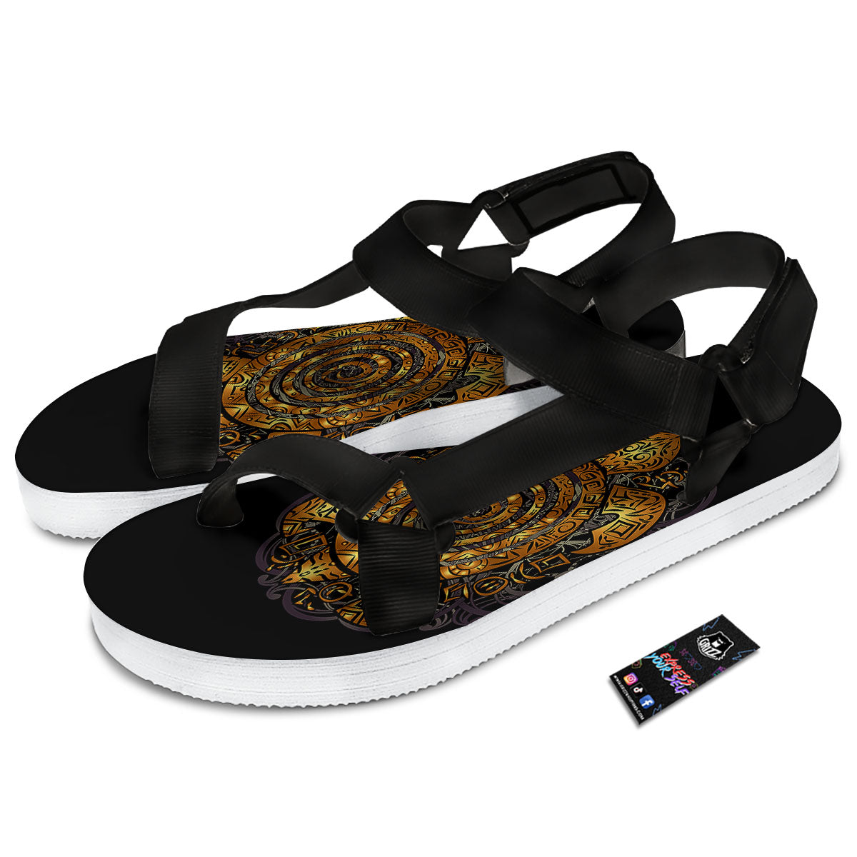 Sea Turtle Golden Tribal Print Black Open Toe Sandals-grizzshop
