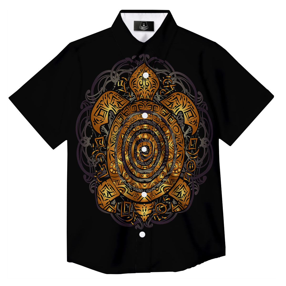 Sea Turtle Golden Tribal Print Button Up Shirt-grizzshop