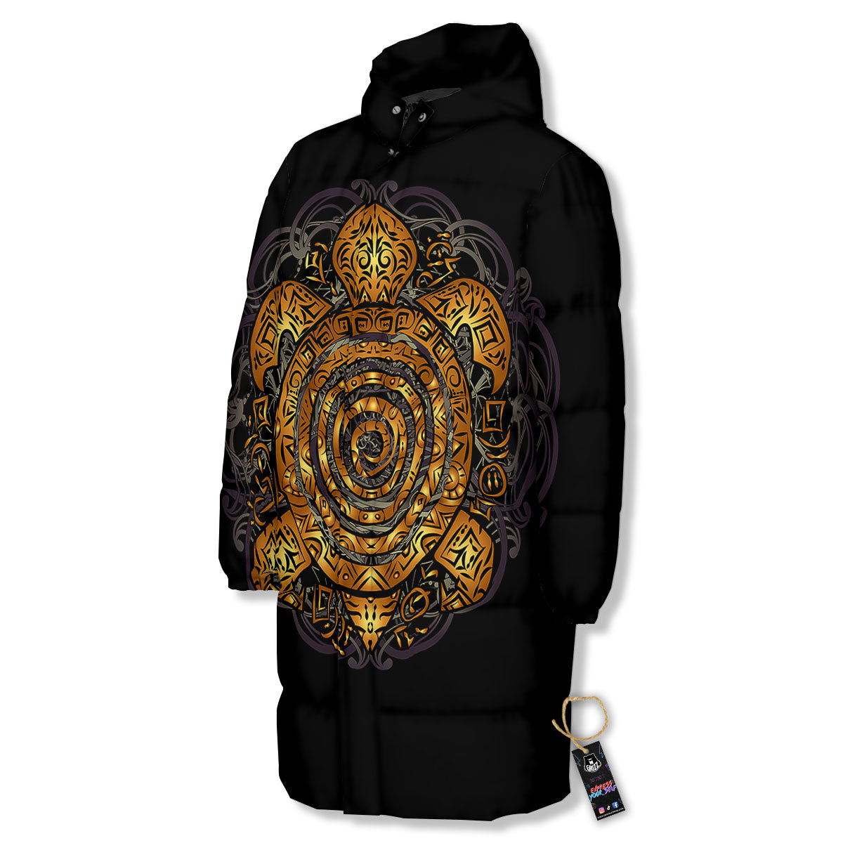 Sea Turtle Golden Tribal Print Long Down Jacket-grizzshop