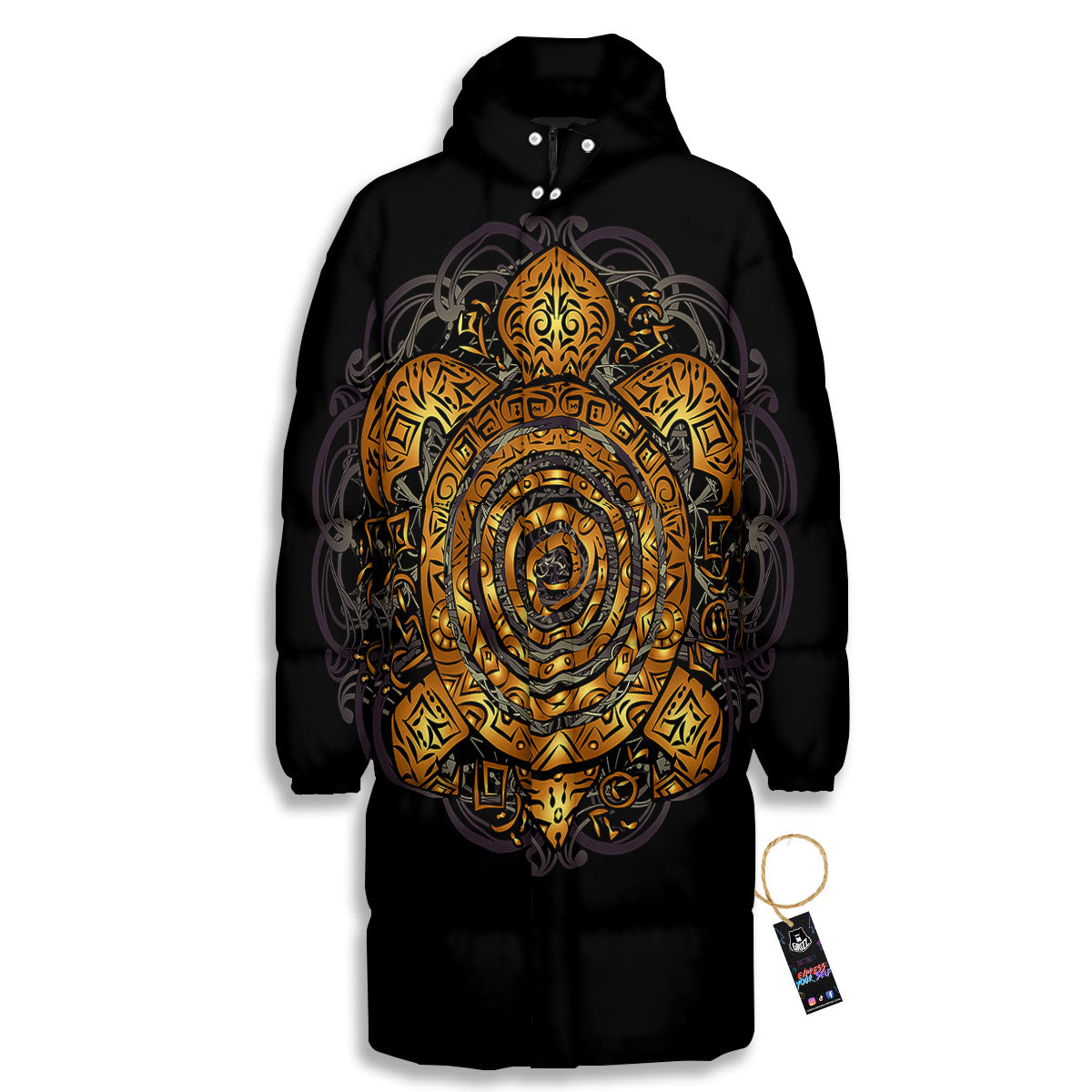 Sea Turtle Golden Tribal Print Long Down Jacket-grizzshop