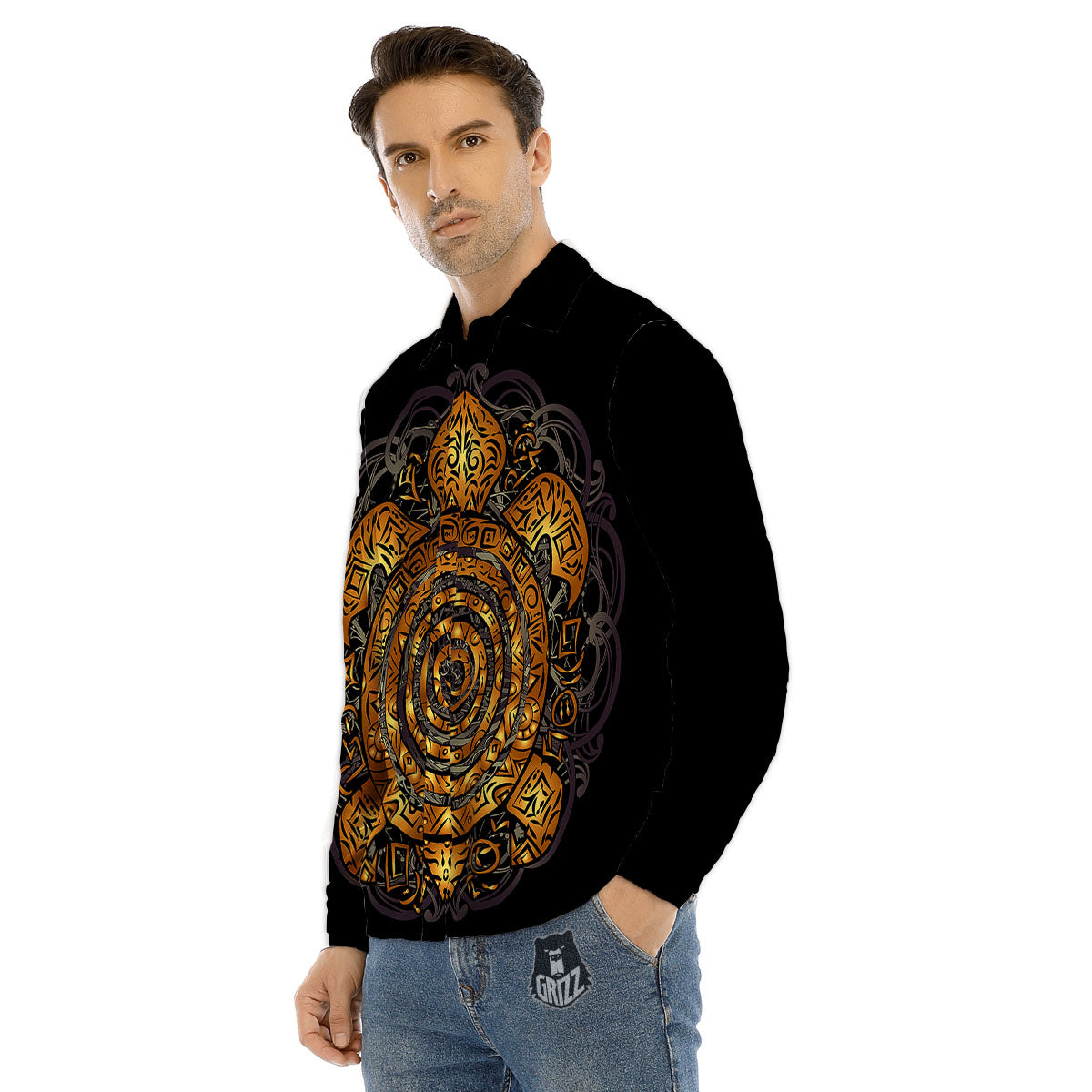 Sea Turtle Golden Tribal Print Men's Dress Shirts-grizzshop