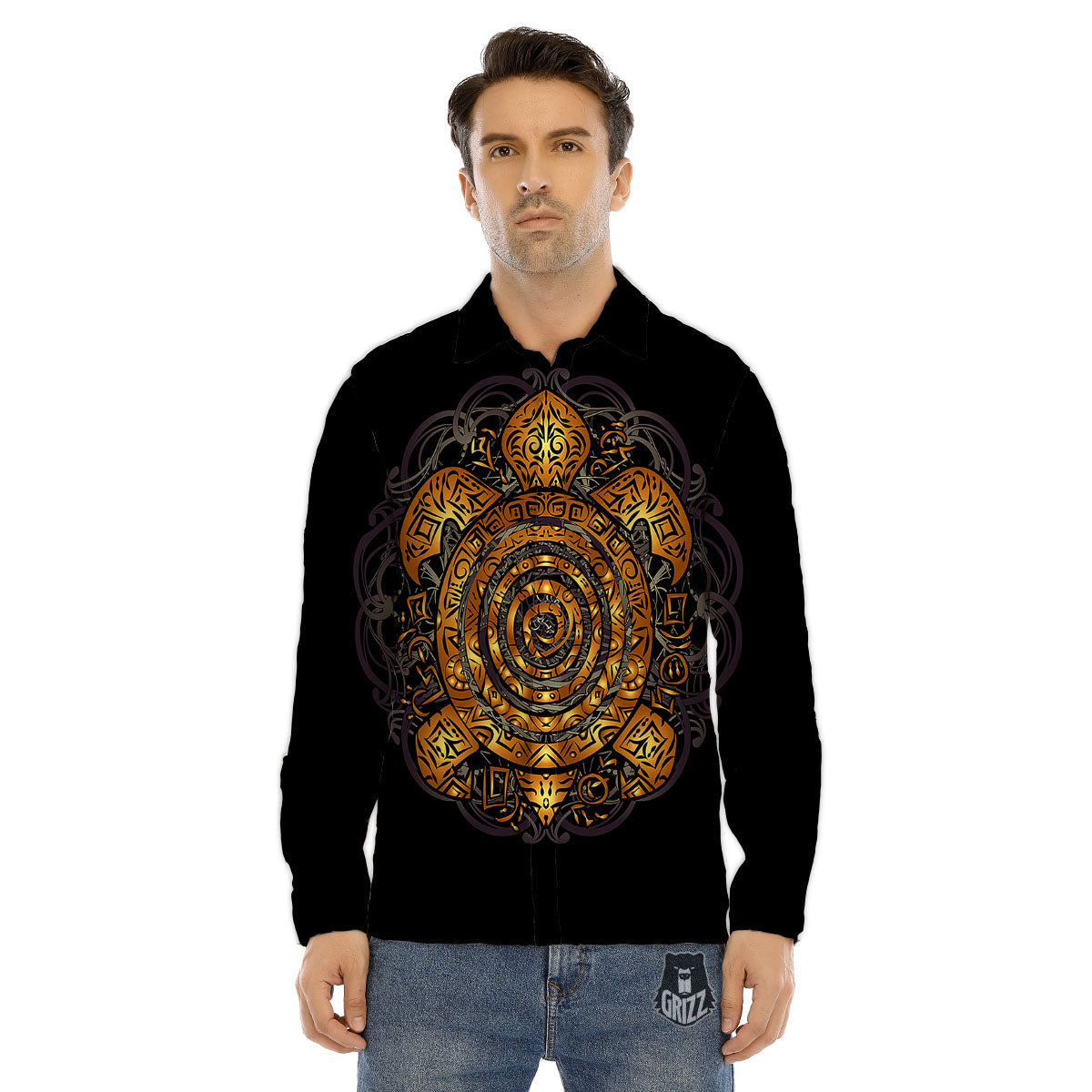 Sea Turtle Golden Tribal Print Men's Dress Shirts-grizzshop