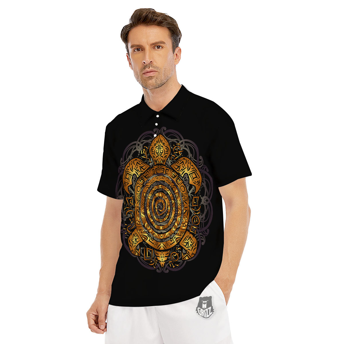Sea Turtle Golden Tribal Print Men's Golf Shirts-grizzshop