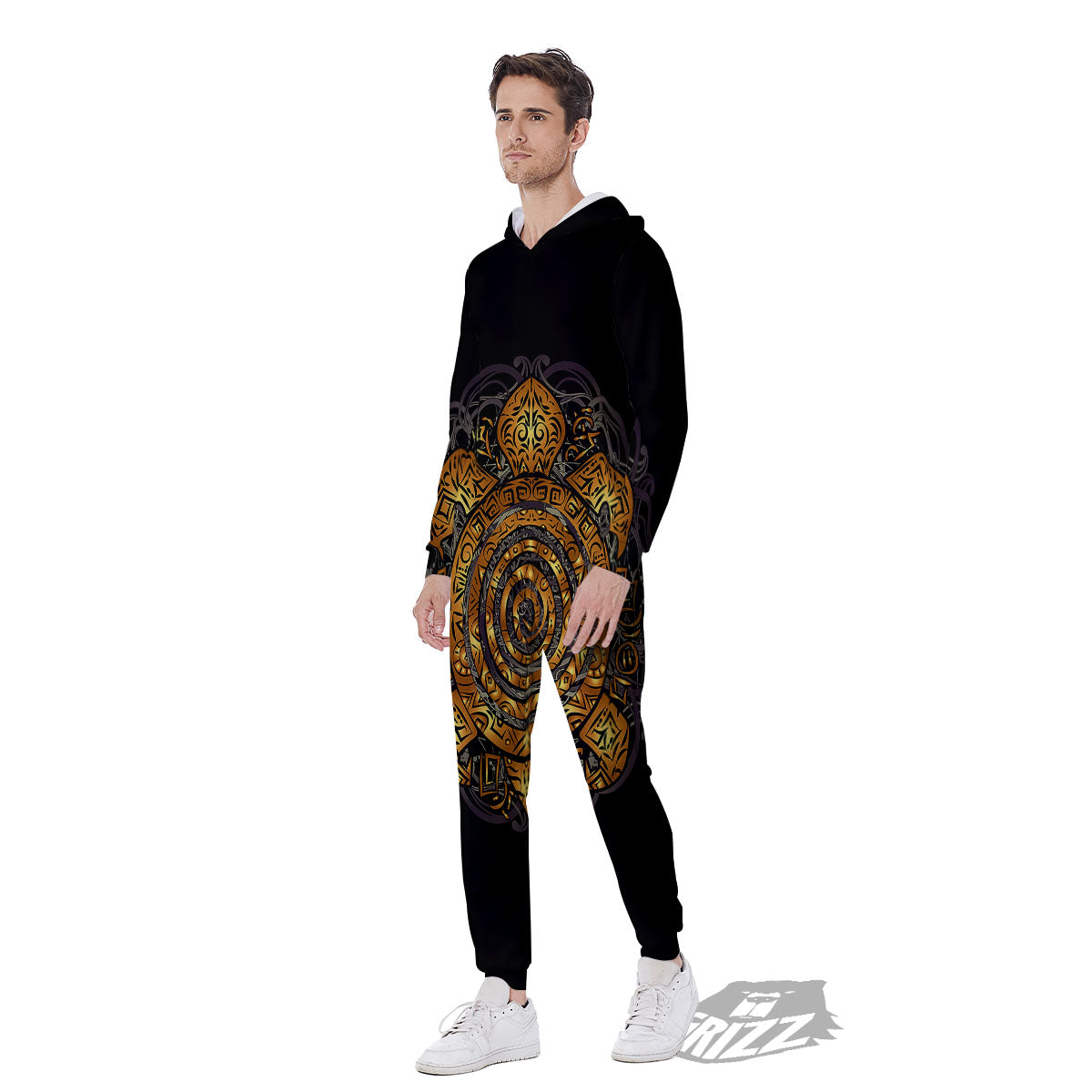 Sea Turtle Golden Tribal Print Men's Jumpsuit-grizzshop