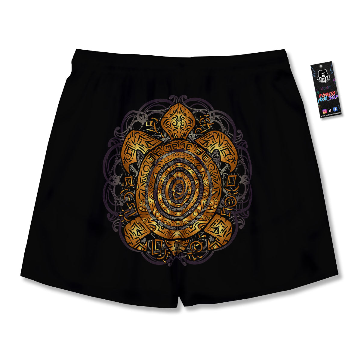 Sea Turtle Golden Tribal Print Men's Running Shorts-grizzshop