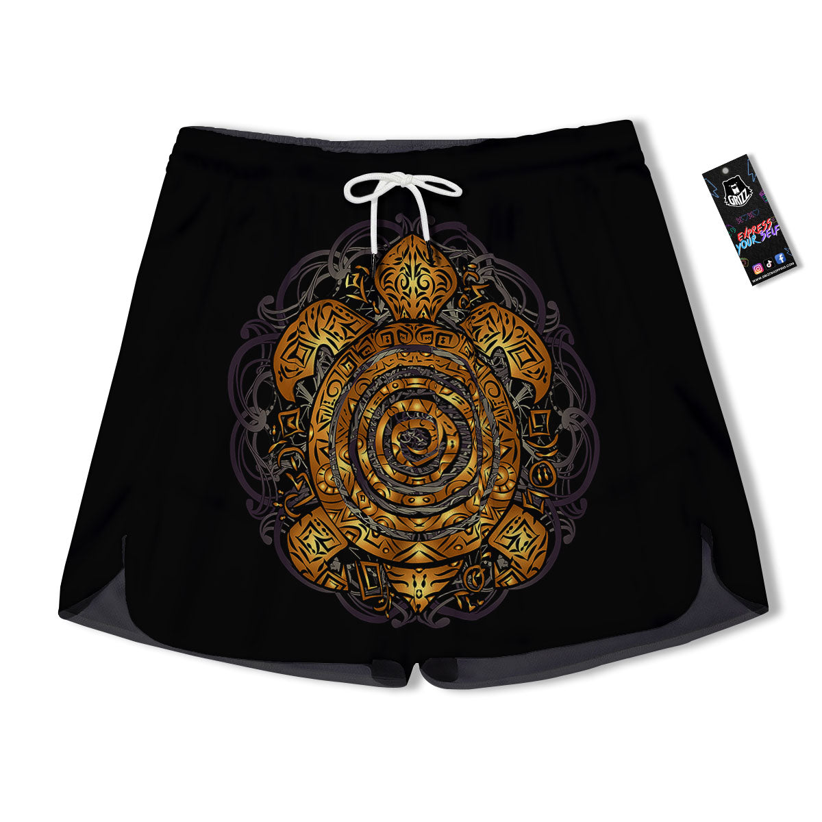 Sea Turtle Golden Tribal Print Men's Running Shorts-grizzshop