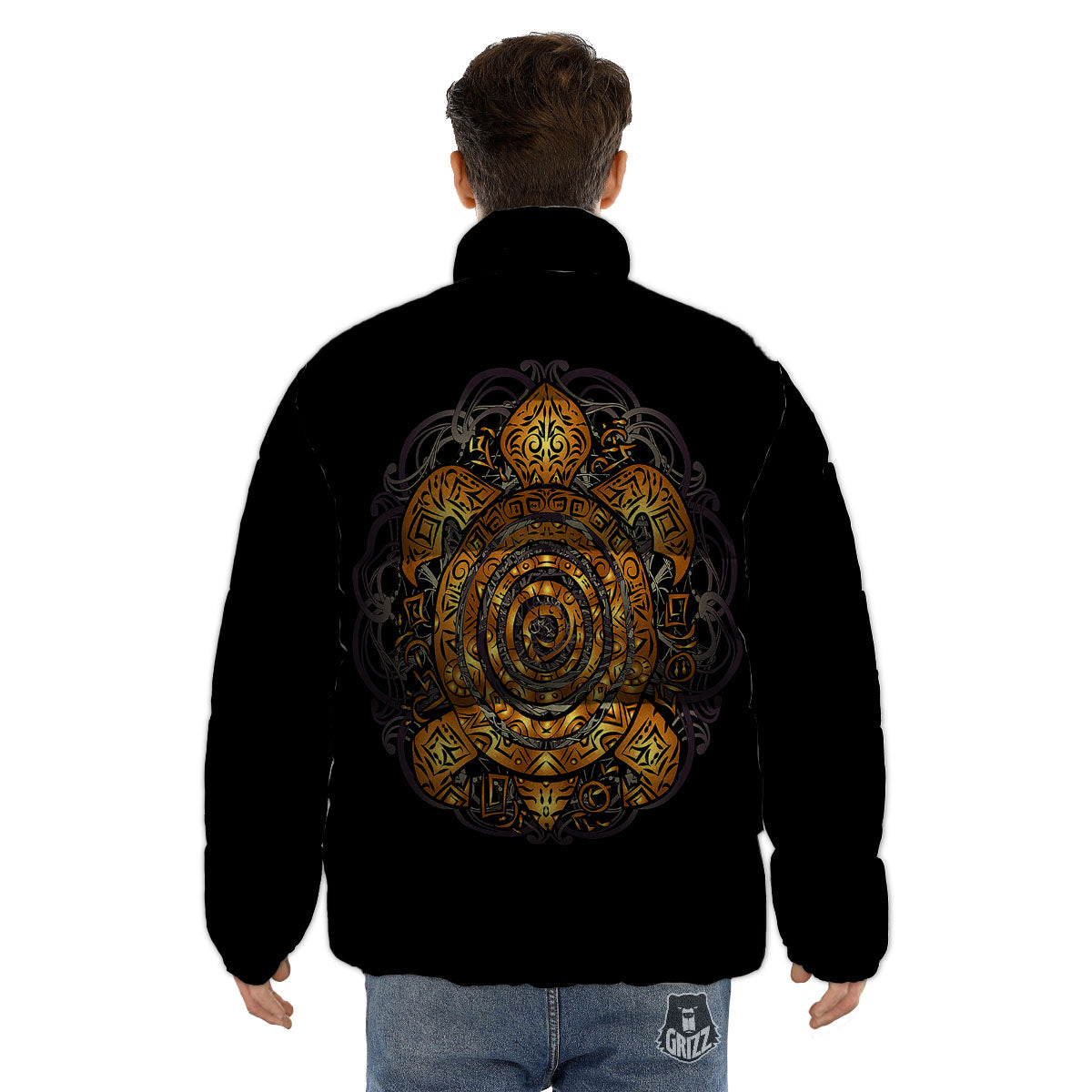 Sea Turtle Golden Tribal Print Puffer Jacket-grizzshop