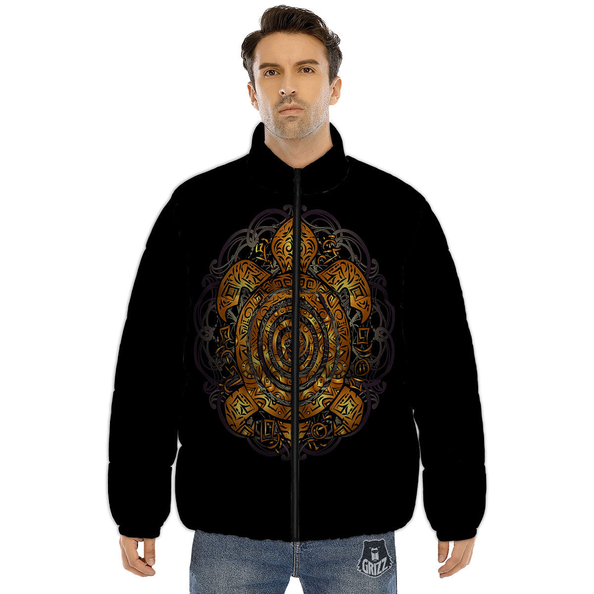 Sea Turtle Golden Tribal Print Puffer Jacket-grizzshop