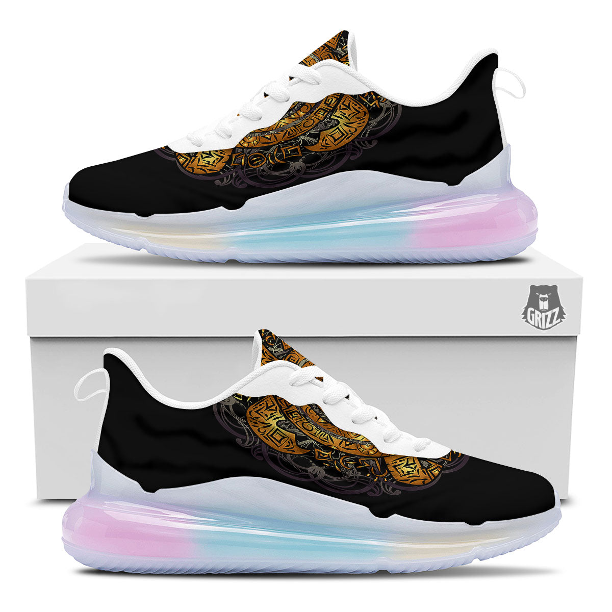 Sea Turtle Golden Tribal Print Running Sneakers-grizzshop