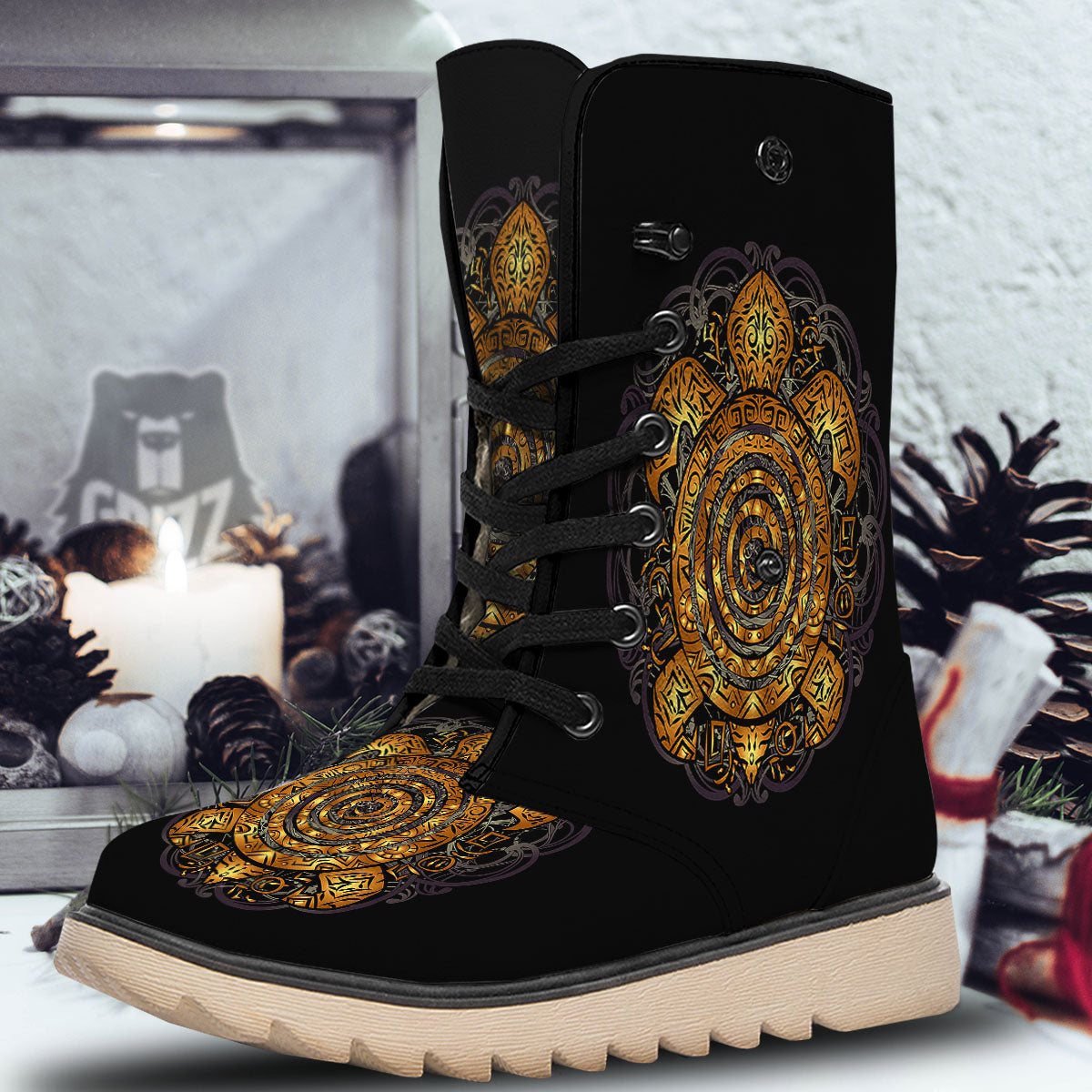 Sea Turtle Golden Tribal Print Snow Boots-grizzshop