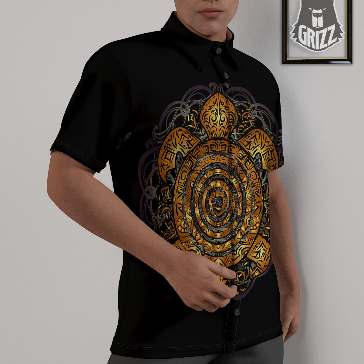 Sea Turtle Golden Tribal Print Untucked Shirts-grizzshop