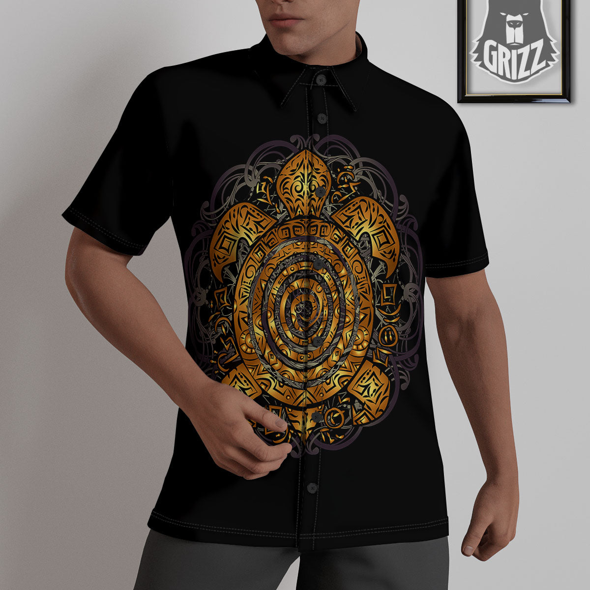 Sea Turtle Golden Tribal Print Untucked Shirts-grizzshop