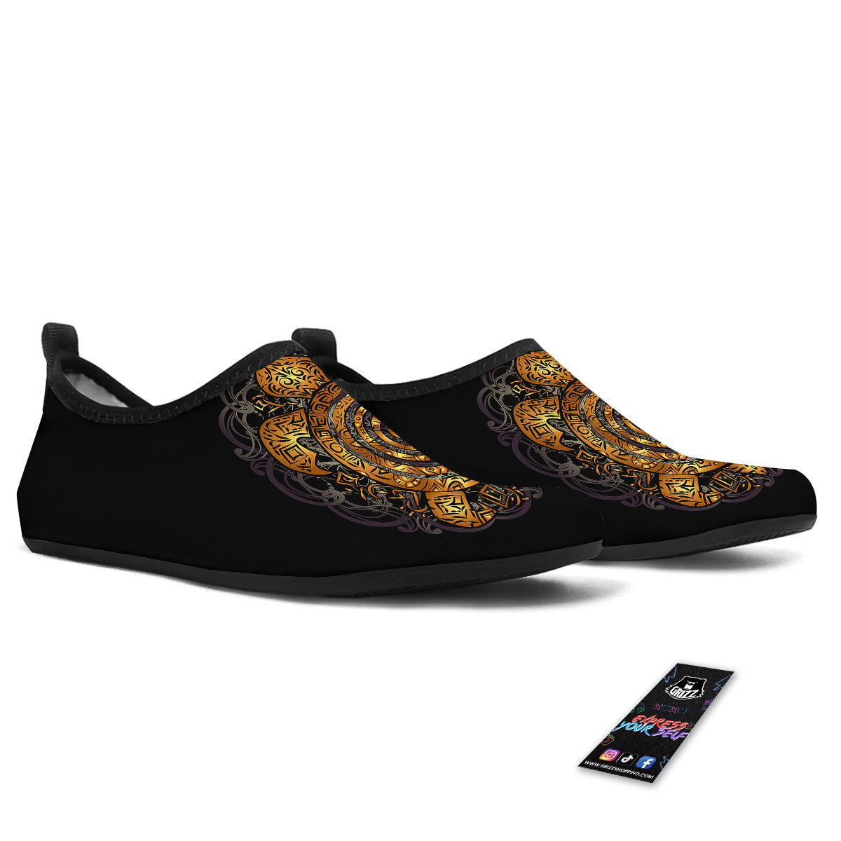 Sea Turtle Golden Tribal Print Water Shoes-grizzshop