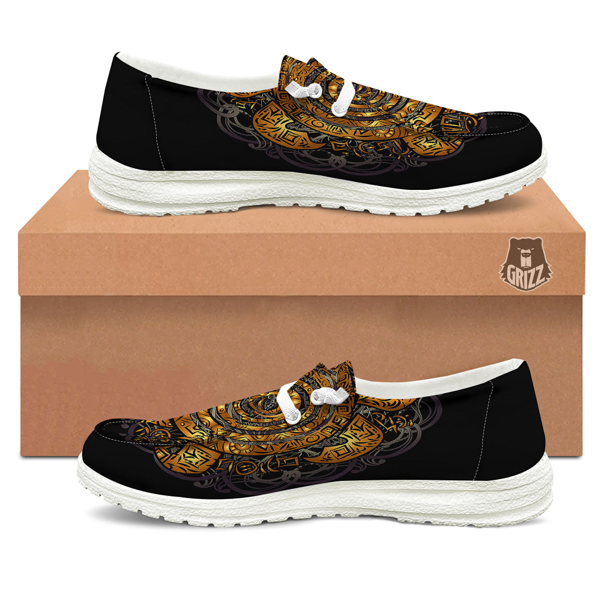 Sea Turtle Golden Tribal Print White Loafers-grizzshop
