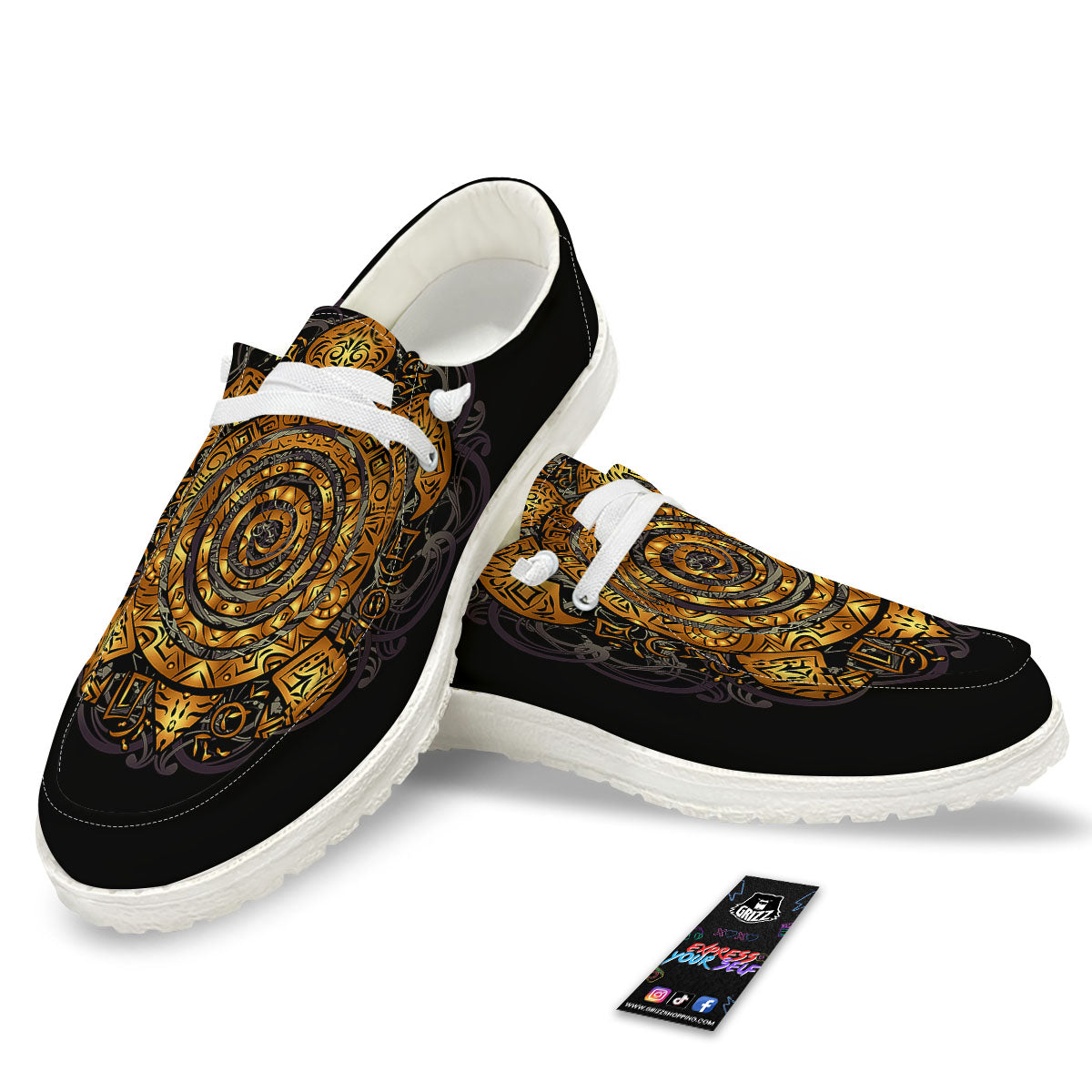Sea Turtle Golden Tribal Print White Loafers-grizzshop