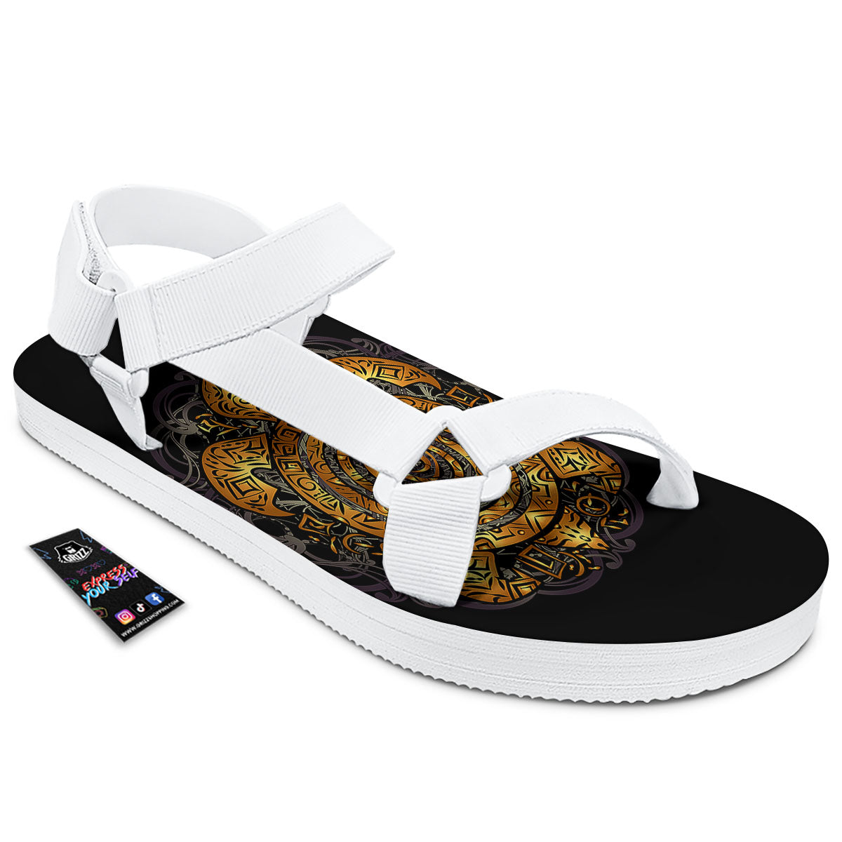 Sea Turtle Golden Tribal Print White Open Toe Sandals-grizzshop