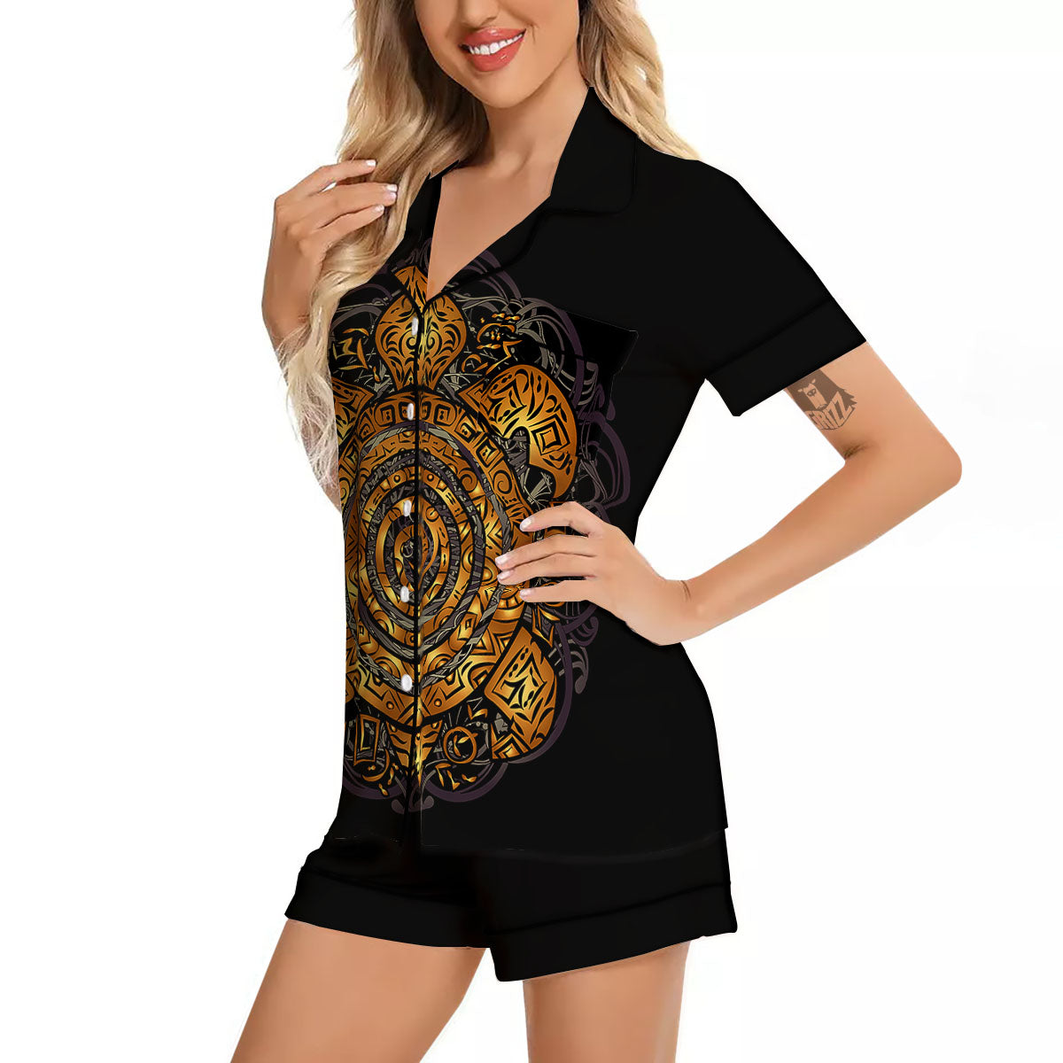 Sea Turtle Golden Tribal Print Women Silk Pajamas-grizzshop