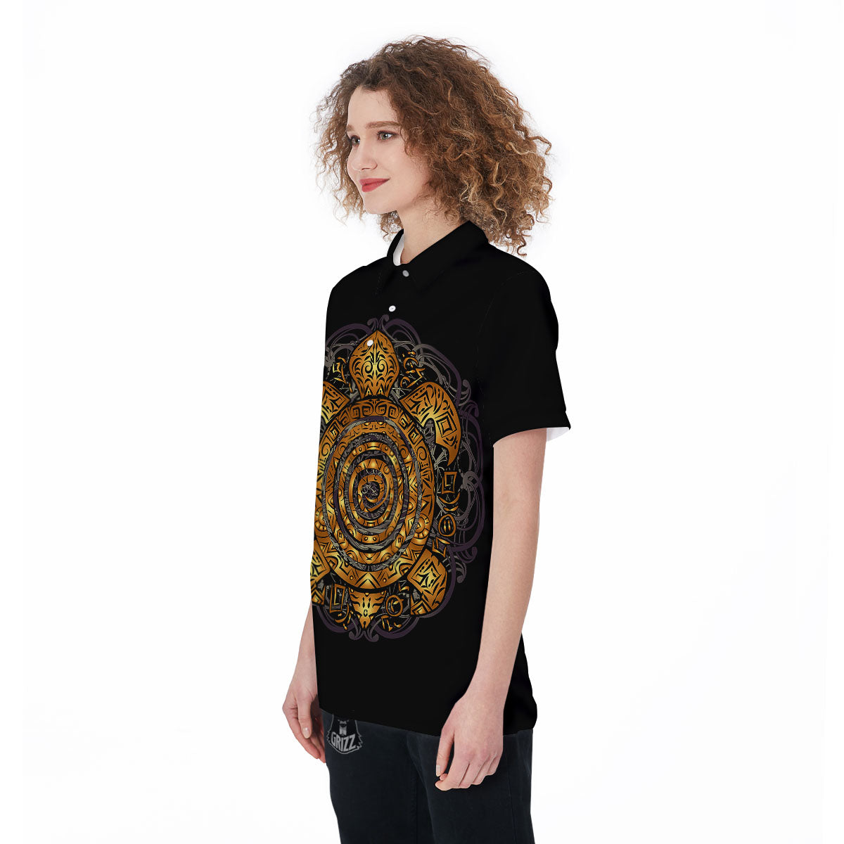 Sea Turtle Golden Tribal Print Women's Golf Shirts-grizzshop