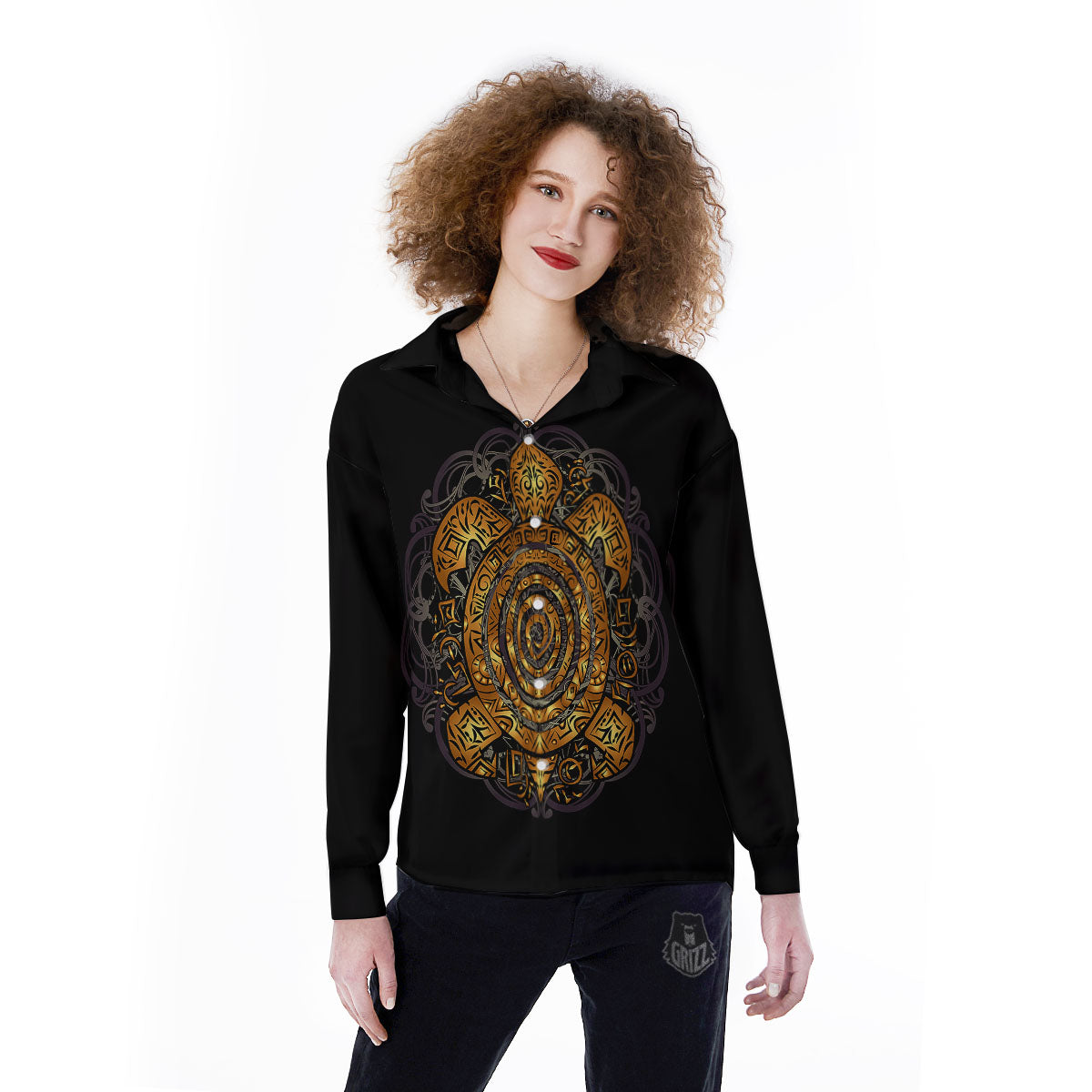 Sea Turtle Golden Tribal Print Women's Long Sleeve Shirts-grizzshop