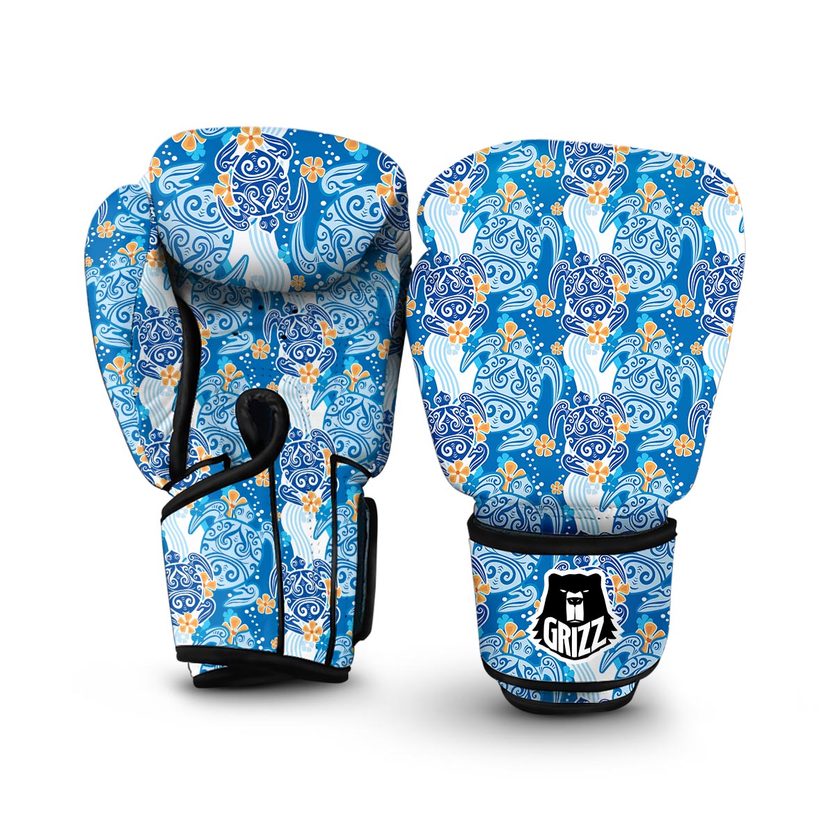 Sea Turtle Hawaiian Blue Pattern Print Boxing Gloves-grizzshop