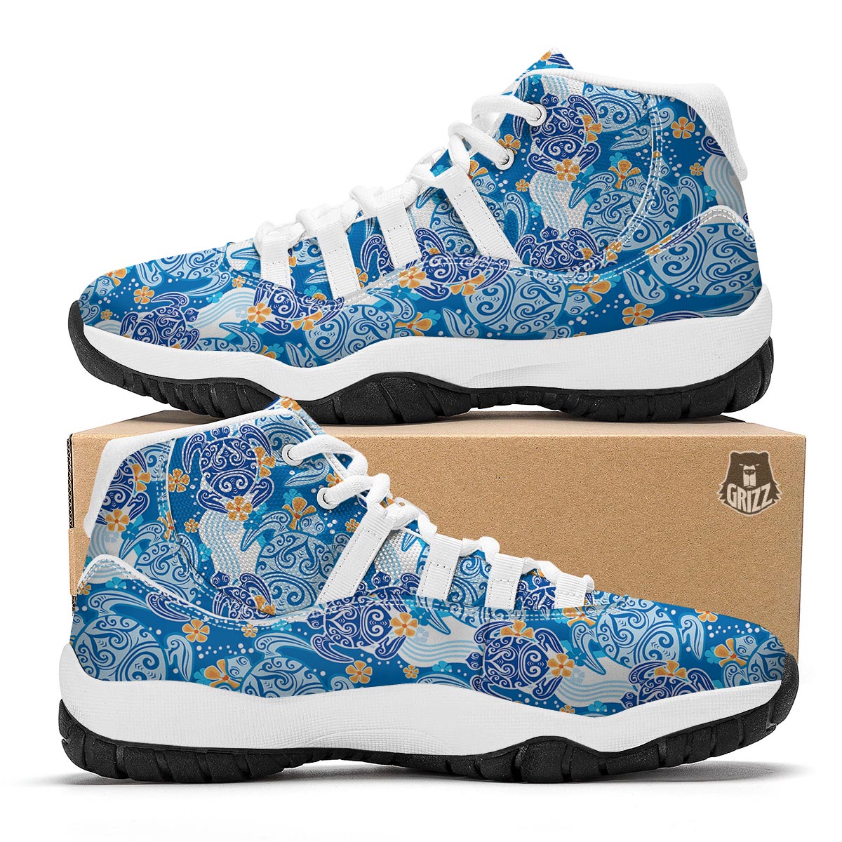 Sea Turtle Hawaiian Blue Pattern Print White Bball Shoes-grizzshop