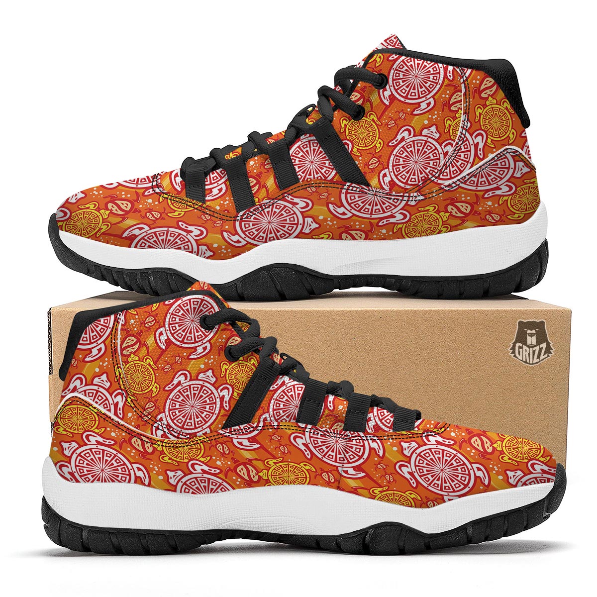 Sea Turtle Hawaiian Orange Pattern Print Black Bball Shoes-grizzshop