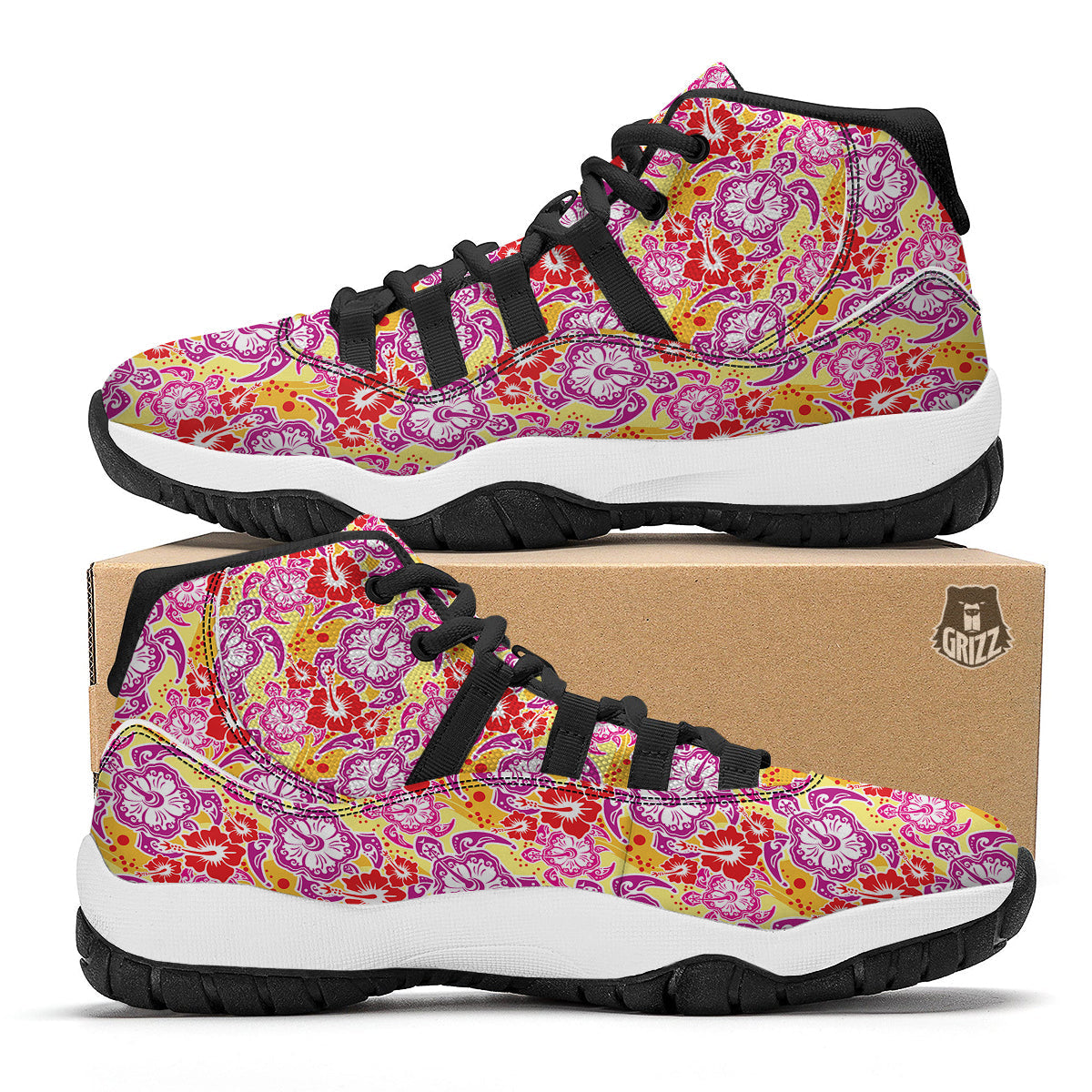 Sea Turtle Red Hibiscus Hawaiian Pattern Print Black Bball Shoes-grizzshop
