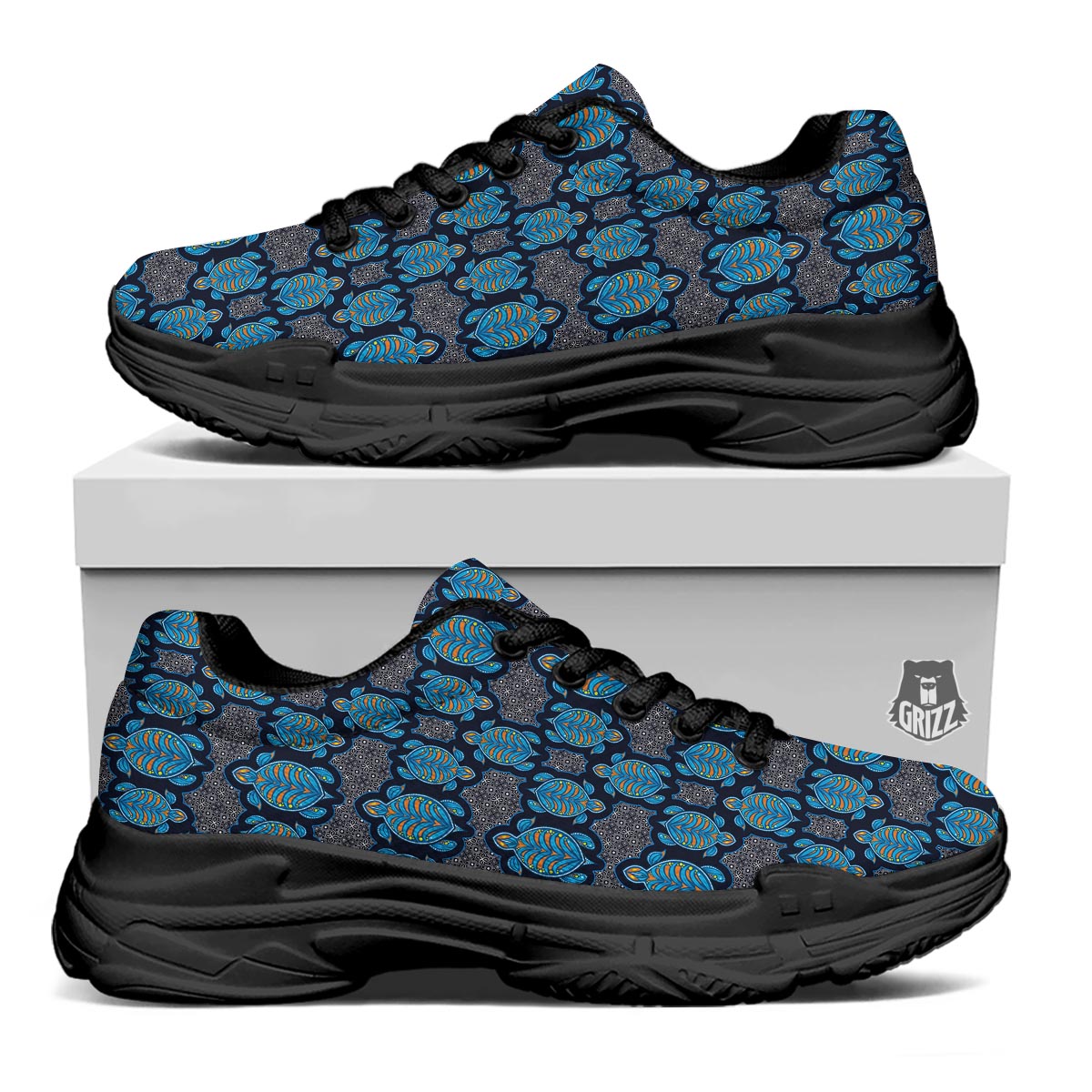Sea Turtle Retro Print Pattern Black Chunky Shoes-grizzshop