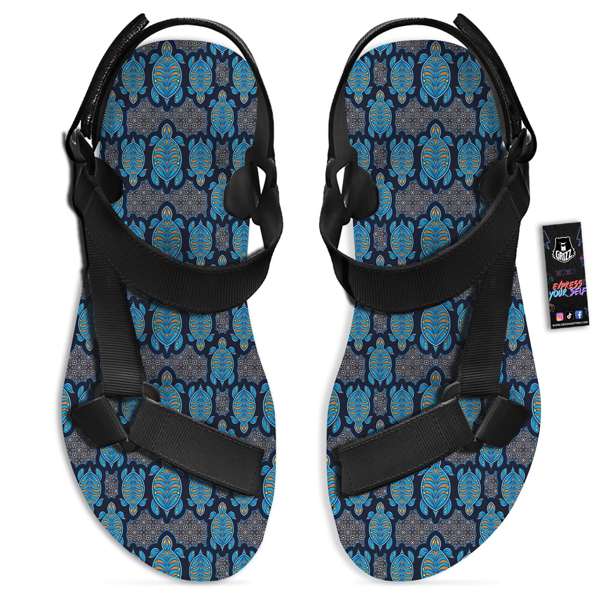 Sea Turtle Retro Print Pattern Black Open Toe Sandals-grizzshop