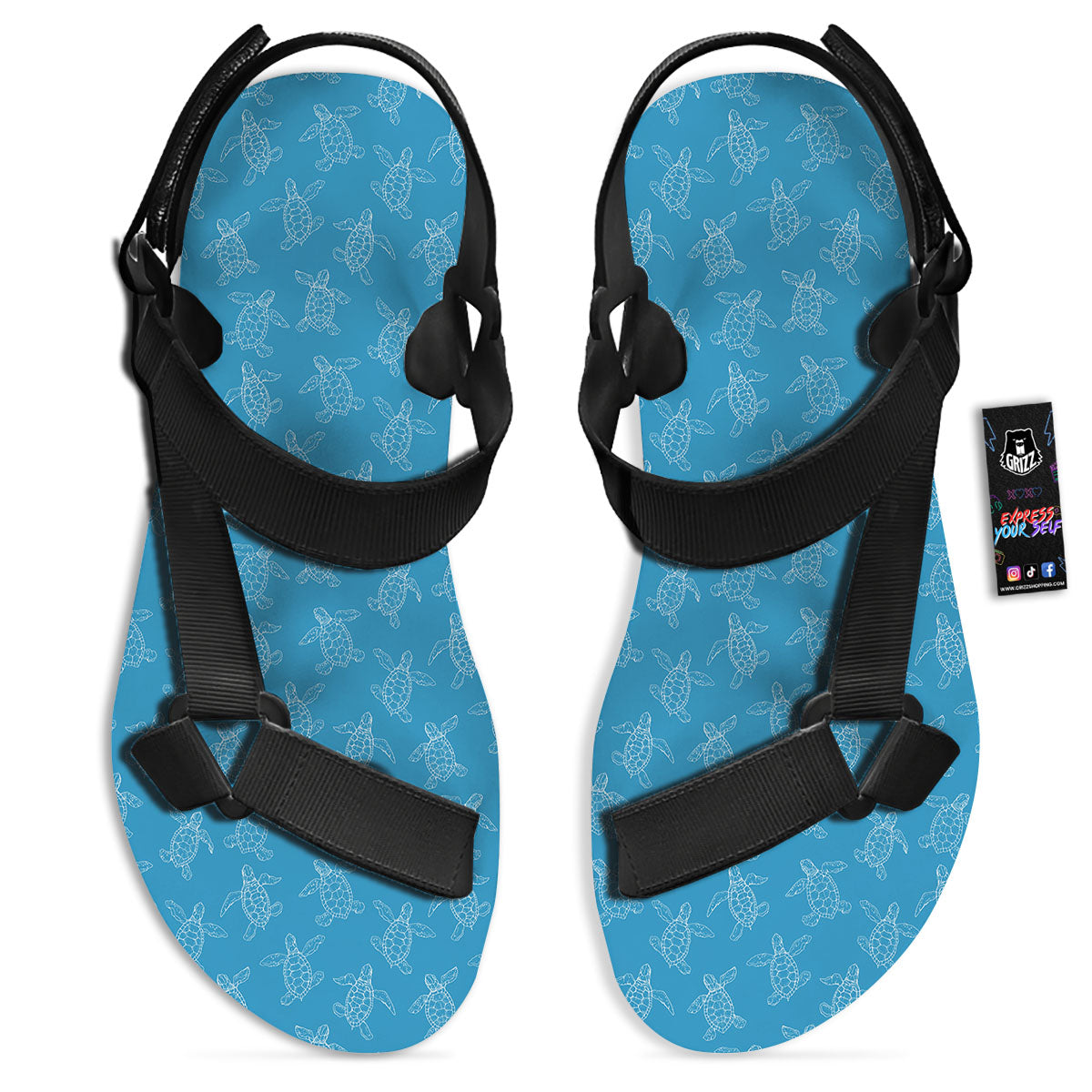 Sea Turtle White And Blue Print Pattern Black Open Toe Sandals-grizzshop