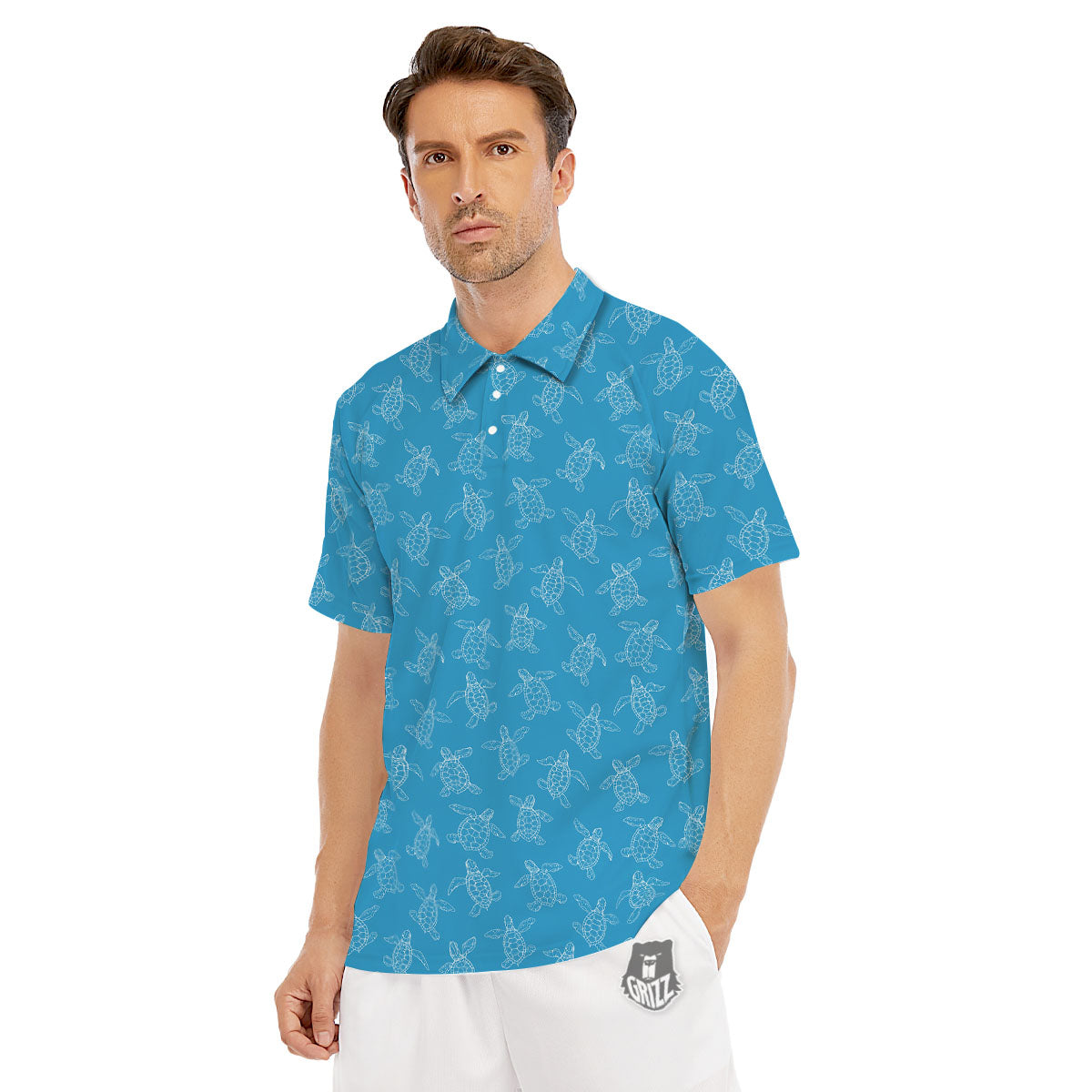 Sea Turtle White And Blue Print Pattern Men's Golf Shirts-grizzshop