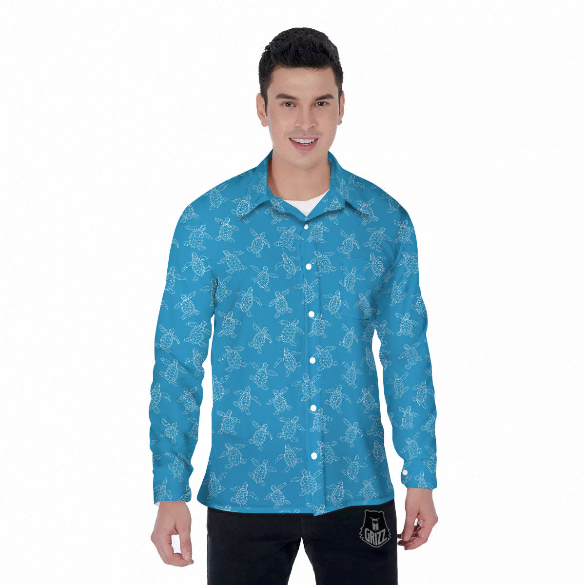 Sea Turtle White And Blue Print Pattern Men's Long Sleeve Shirts-grizzshop