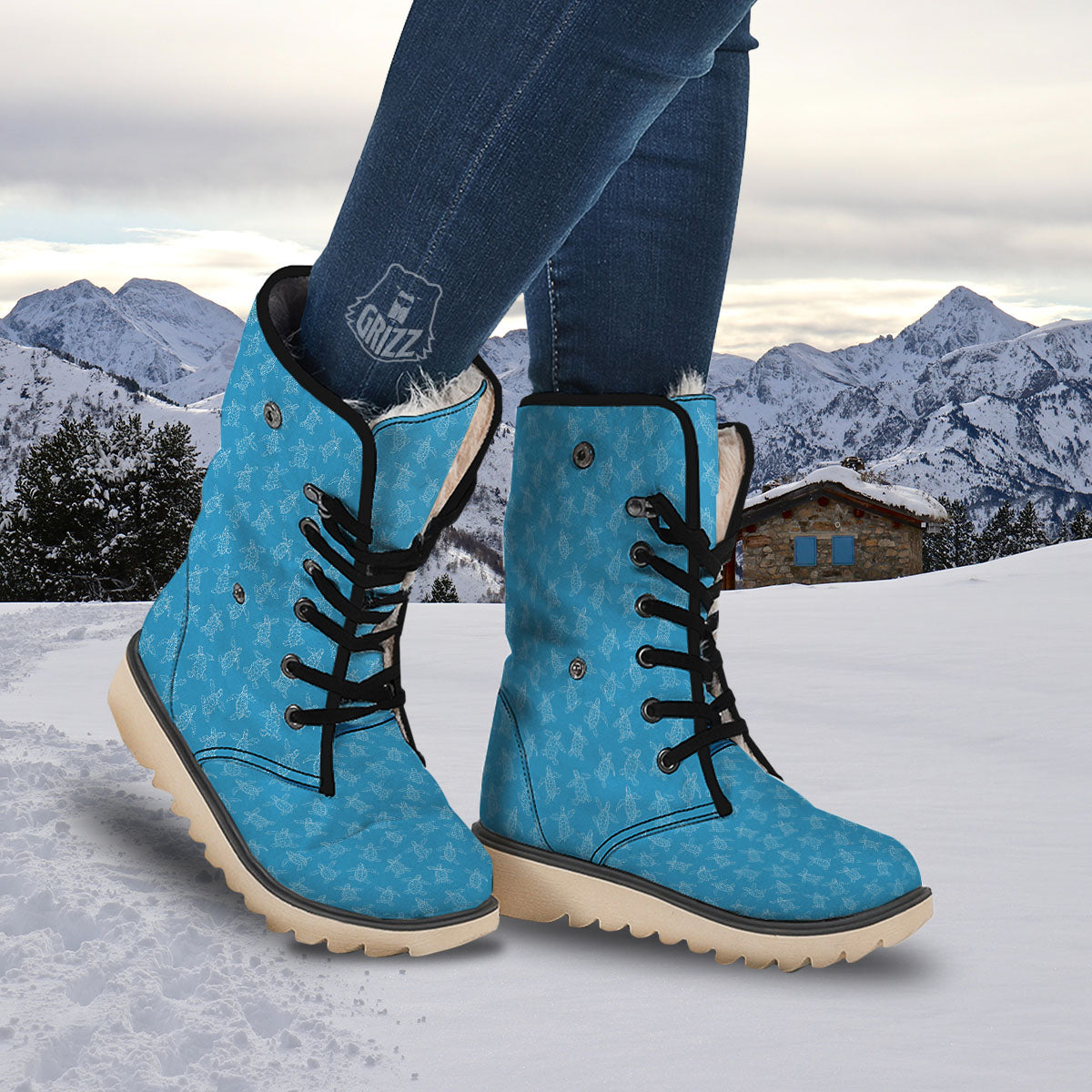 Sea Turtle White And Blue Print Pattern Snow Boots-grizzshop