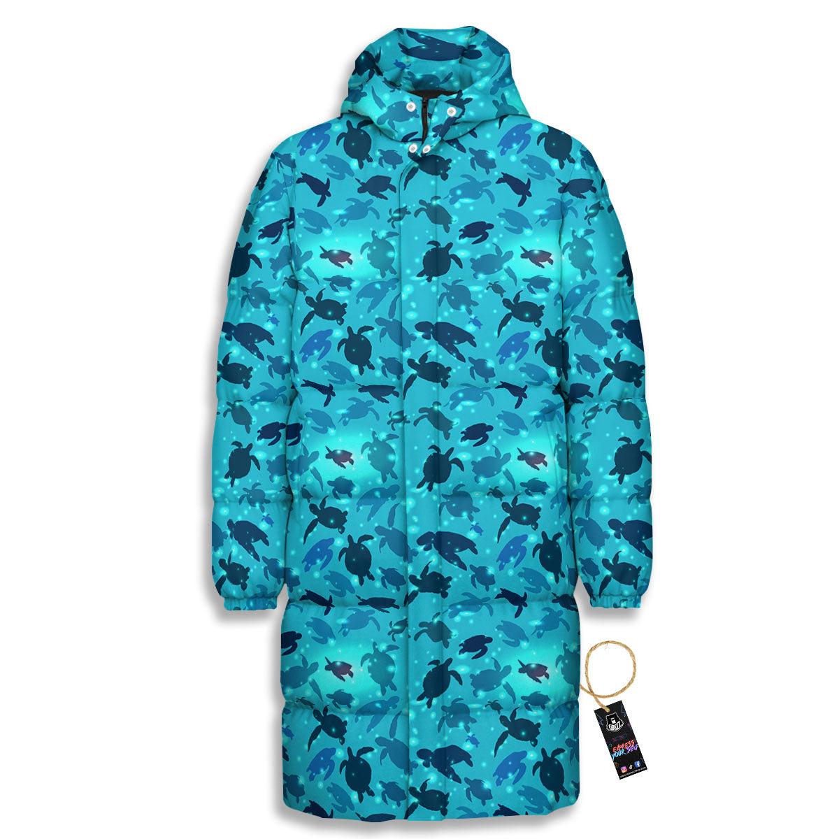 Sea Turtle Black And Blue Print Pattern Long Down Jacket