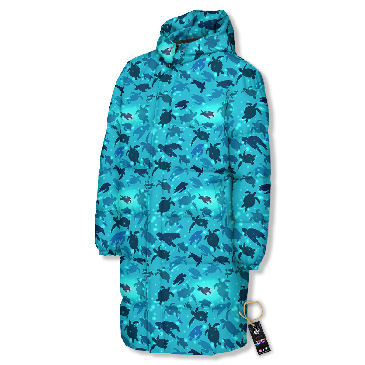 Sea Turtle Black And Blue Print Pattern Long Down Jacket