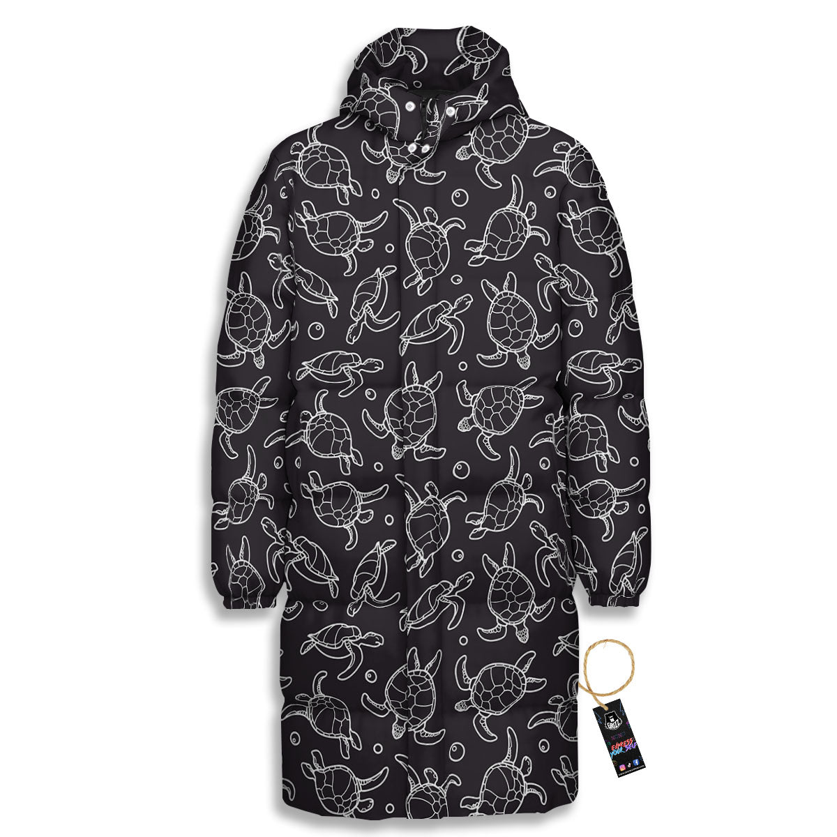 Sea Turtle Black And White Print Pattern Long Down Jacket