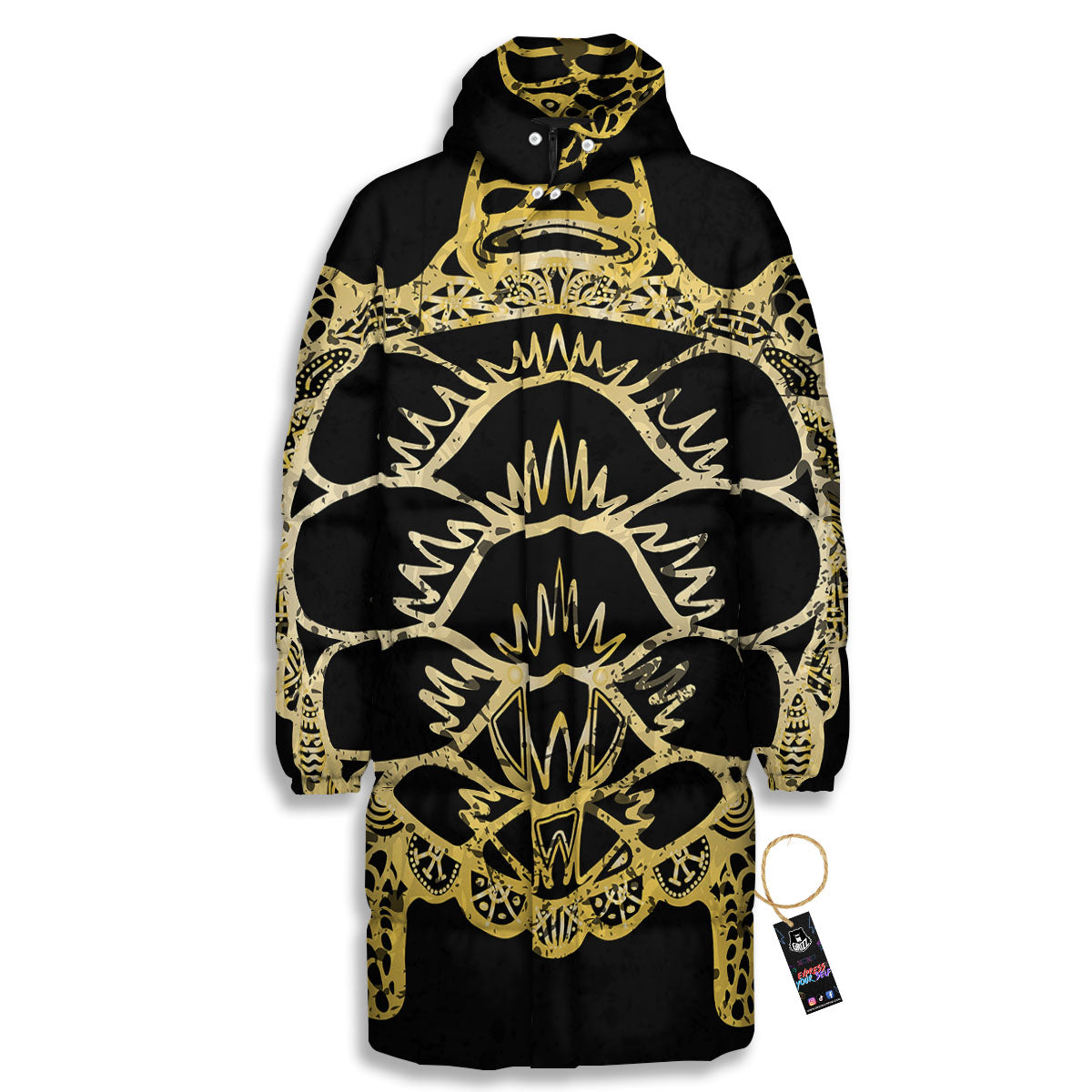 Sea Turtle Gold And Black Print Long Down Jacket