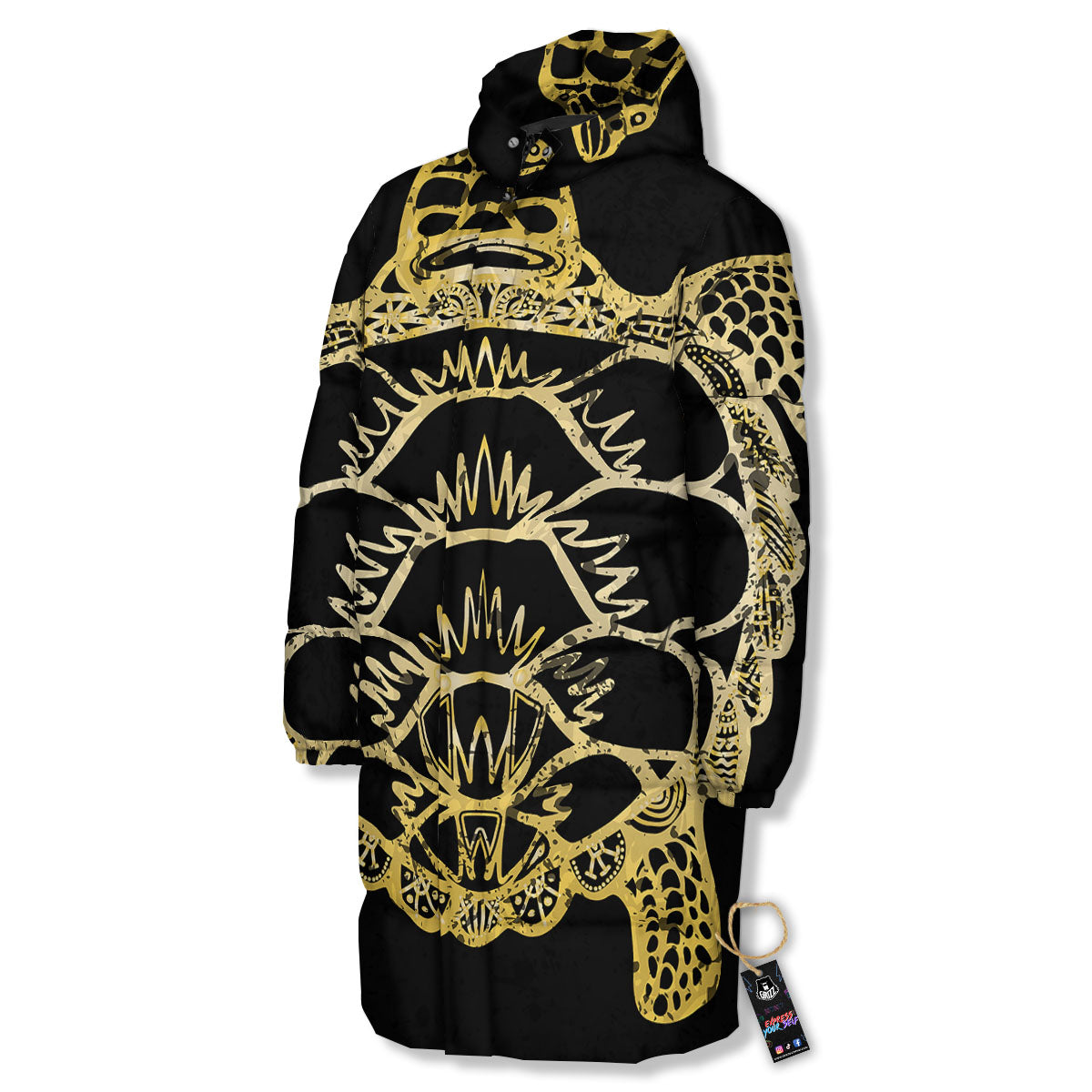 Sea Turtle Gold And Black Print Long Down Jacket
