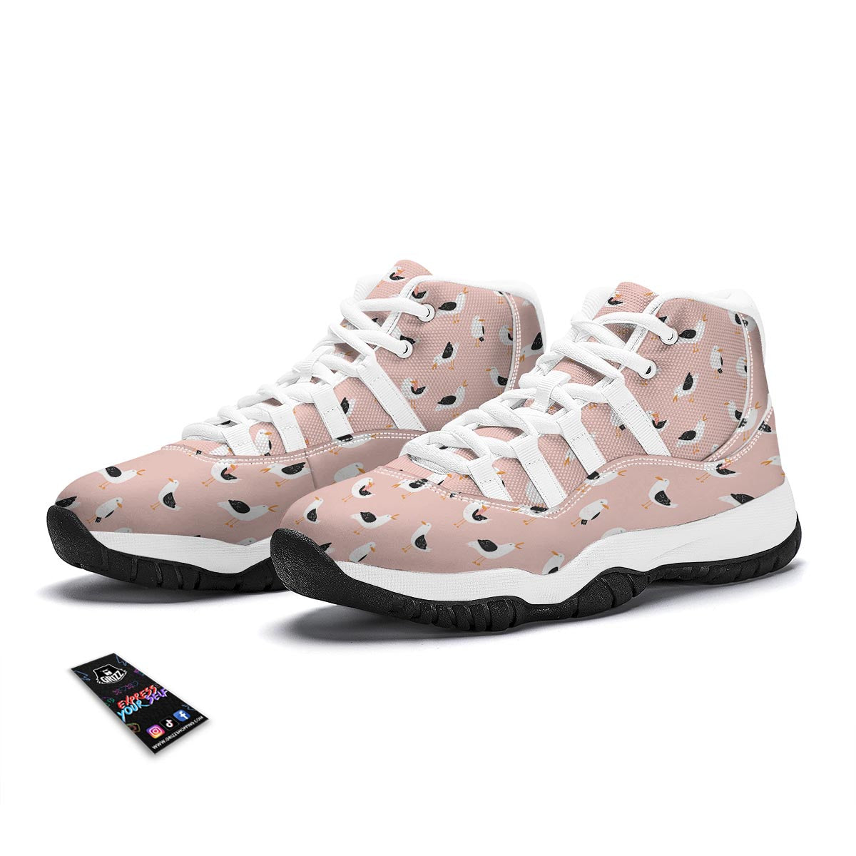 Seagull Pink Pattern Print White Bball Shoes-grizzshop