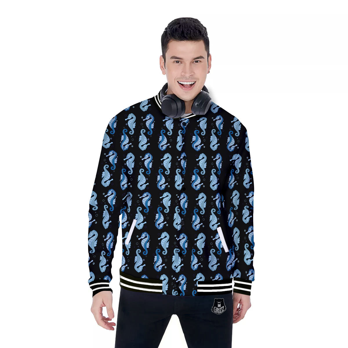 Seahorse Blue Print Pattern Baseball Jacket-grizzshop