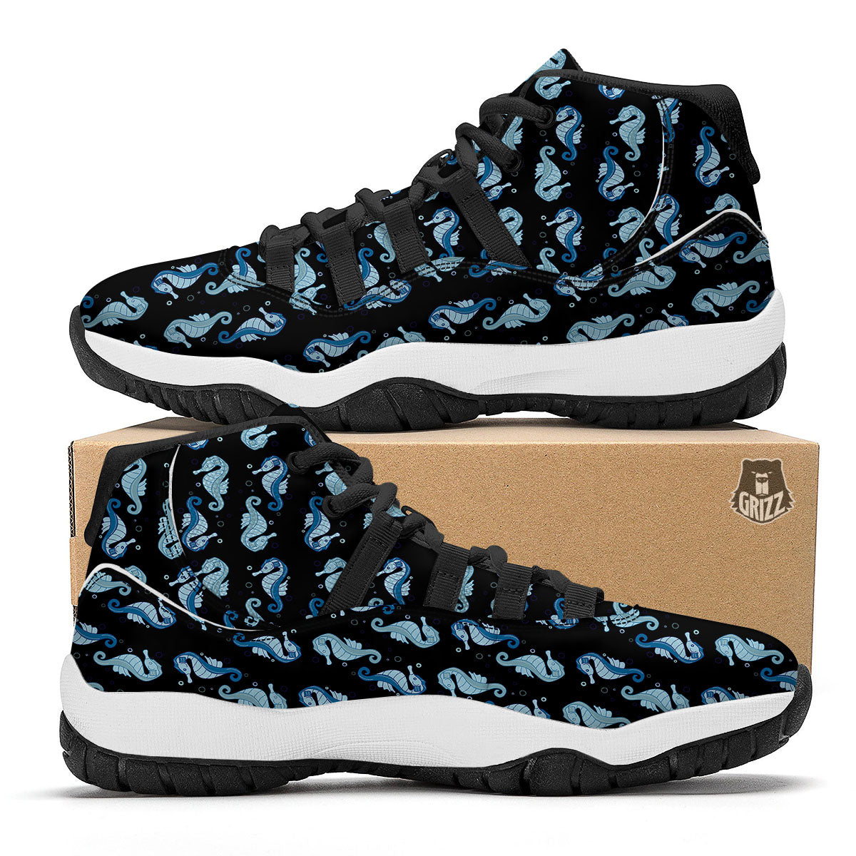 Seahorse Blue Print Pattern Black Bball Shoes-grizzshop