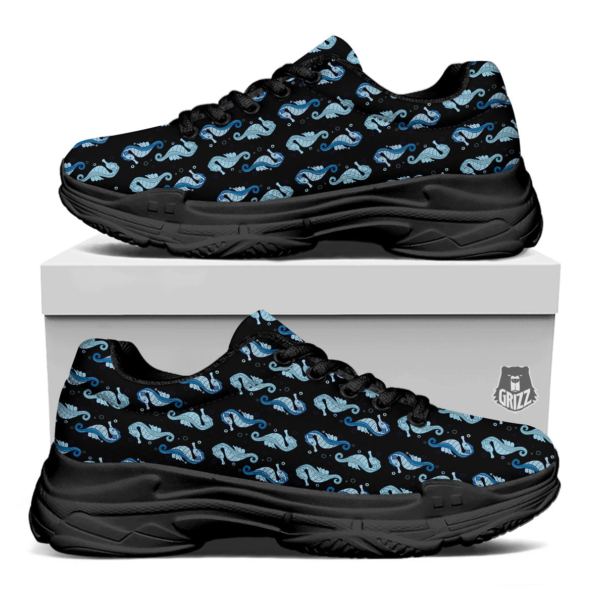 Seahorse Blue Print Pattern Black Chunky Shoes-grizzshop