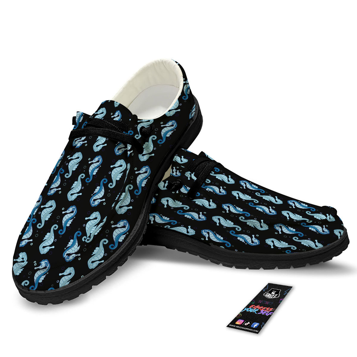 Seahorse Blue Print Pattern Black Loafers-grizzshop