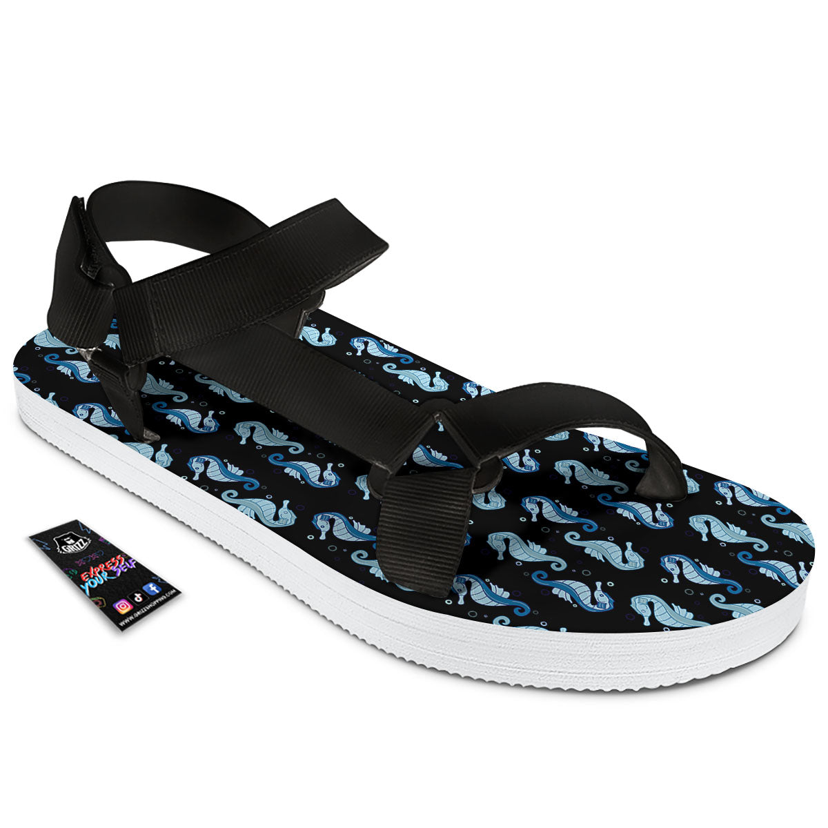 Seahorse Blue Print Pattern Black Open Toe Sandals-grizzshop