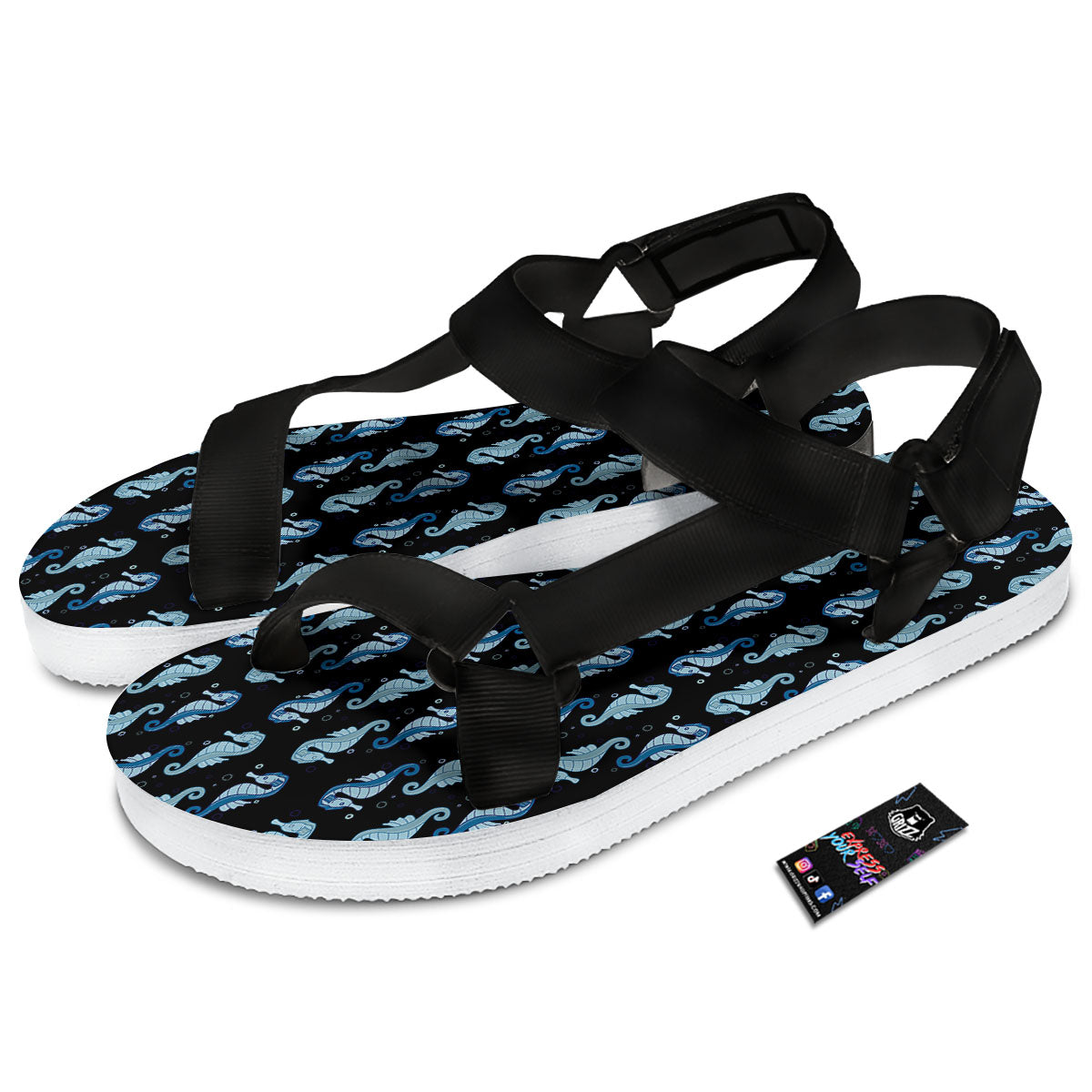 Seahorse Blue Print Pattern Black Open Toe Sandals-grizzshop